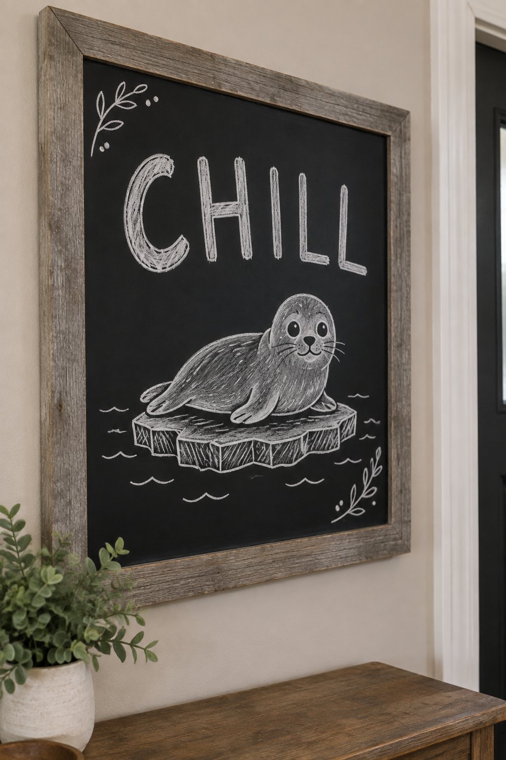 Chill Seal: a hand-drawn winter chalkboard sign reading "CHILL".