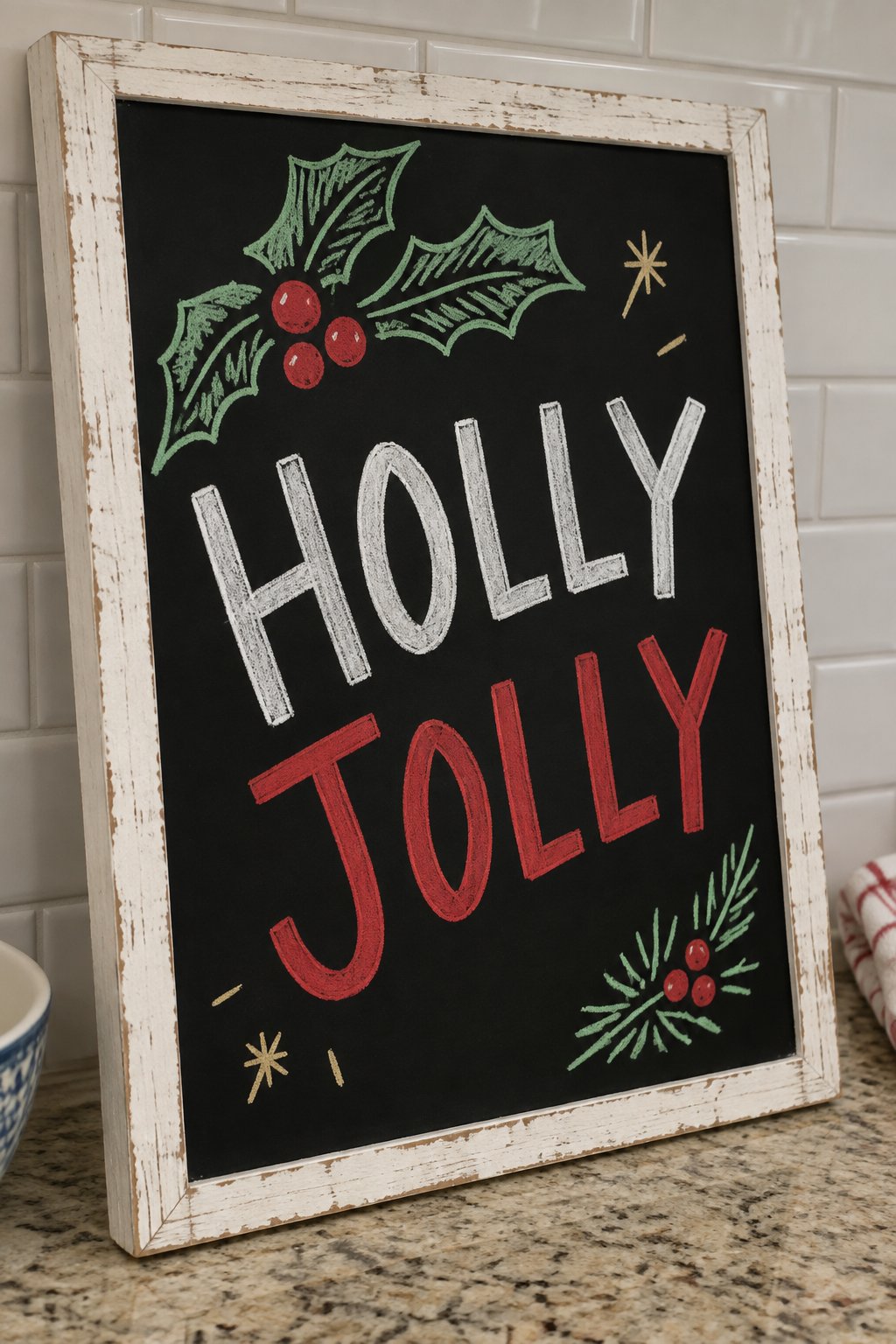 Holly Jolly Sprig: a hand-drawn christmas chalkboard sign reading "HOLLY JOLLY".