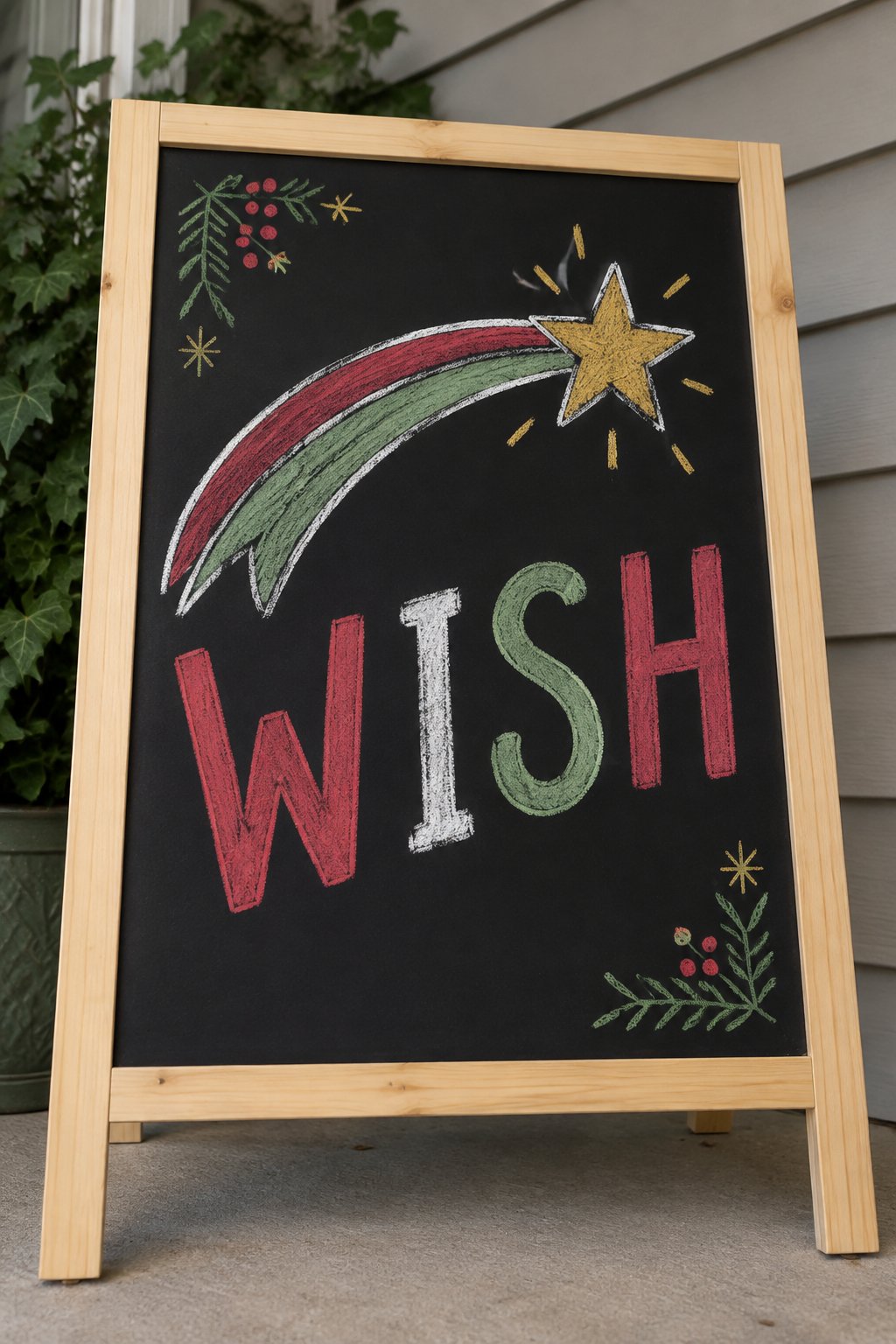 Shooting Star Wish: a hand-drawn christmas chalkboard sign reading "WISH".