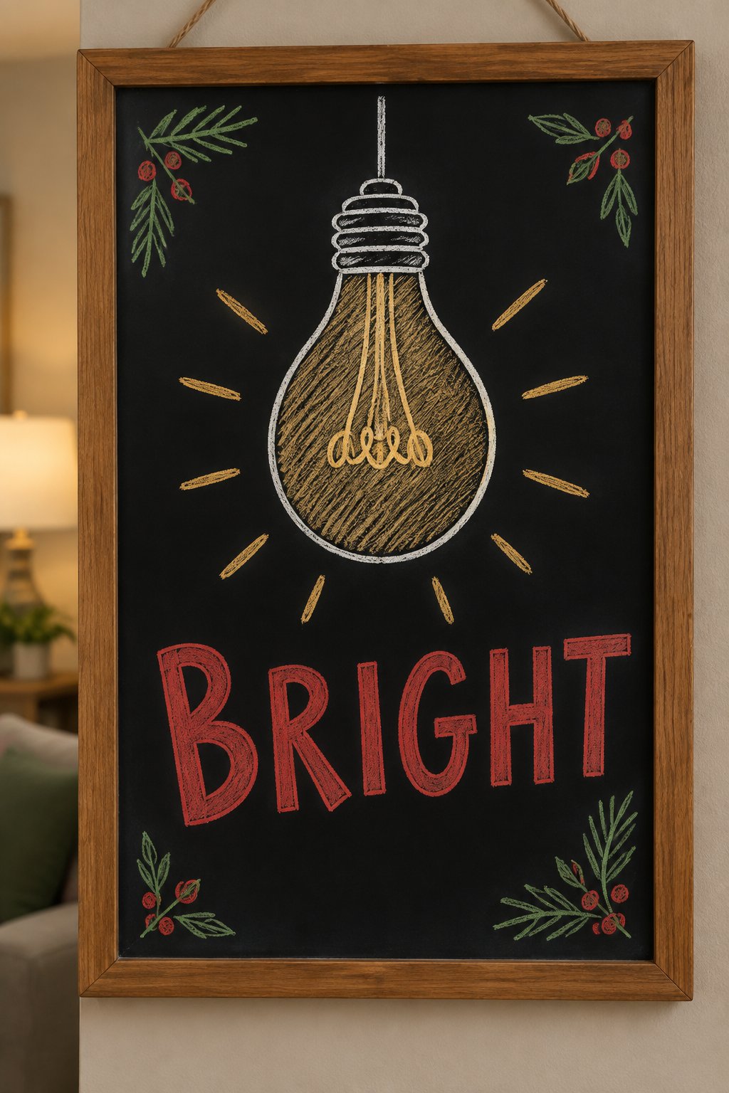 Bright Light Bulb: a hand-drawn christmas chalkboard sign reading "BRIGHT".
