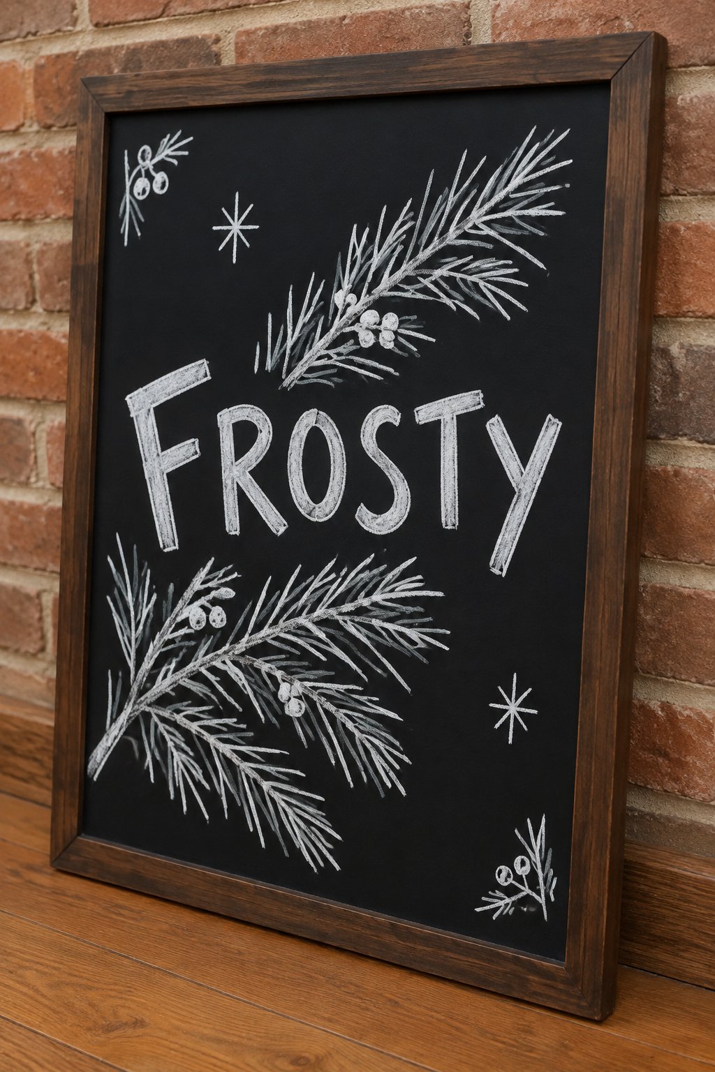 Frosty Pine Branch: a hand-drawn winter chalkboard sign reading "FROSTY".