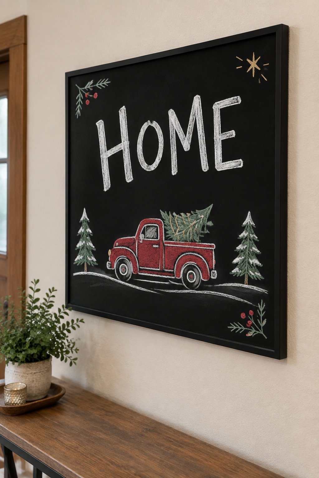 Tree in the Truck: a hand-drawn christmas chalkboard sign reading "HOME".