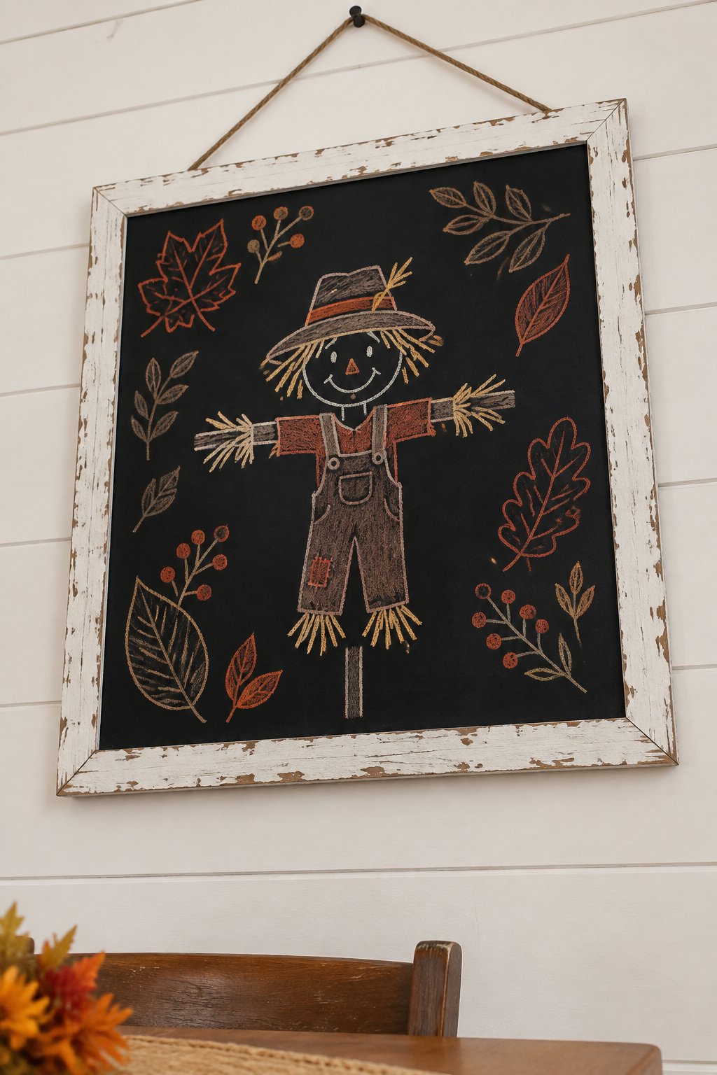 Scarecrows and Leaf Accents: Draw a cute scarecrow silhouette in the center of your chalkboard and surround it with leaves and sprigs for a festive look.