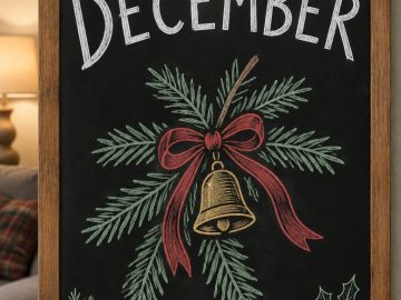A hand-drawn christmas chalkboard sign reading "DECEMBER".