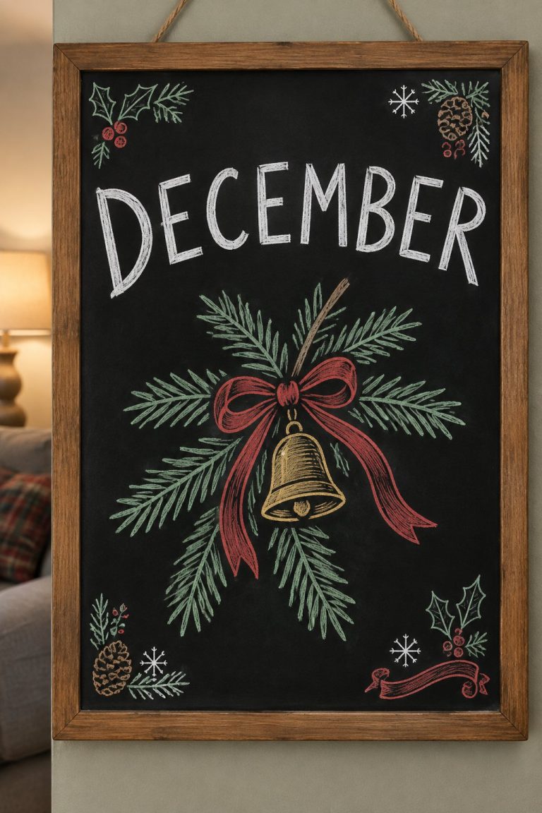 A hand-drawn christmas chalkboard sign reading "DECEMBER".
