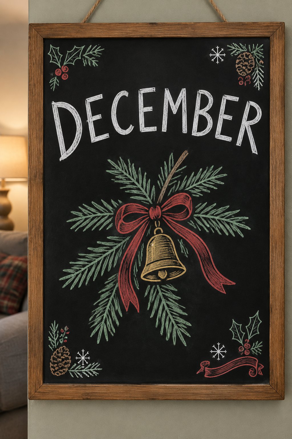 A hand-drawn christmas chalkboard sign reading "DECEMBER".