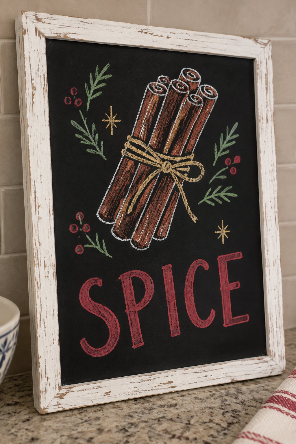 Cinnamon Bundle: a hand-drawn christmas chalkboard sign reading "SPICE".