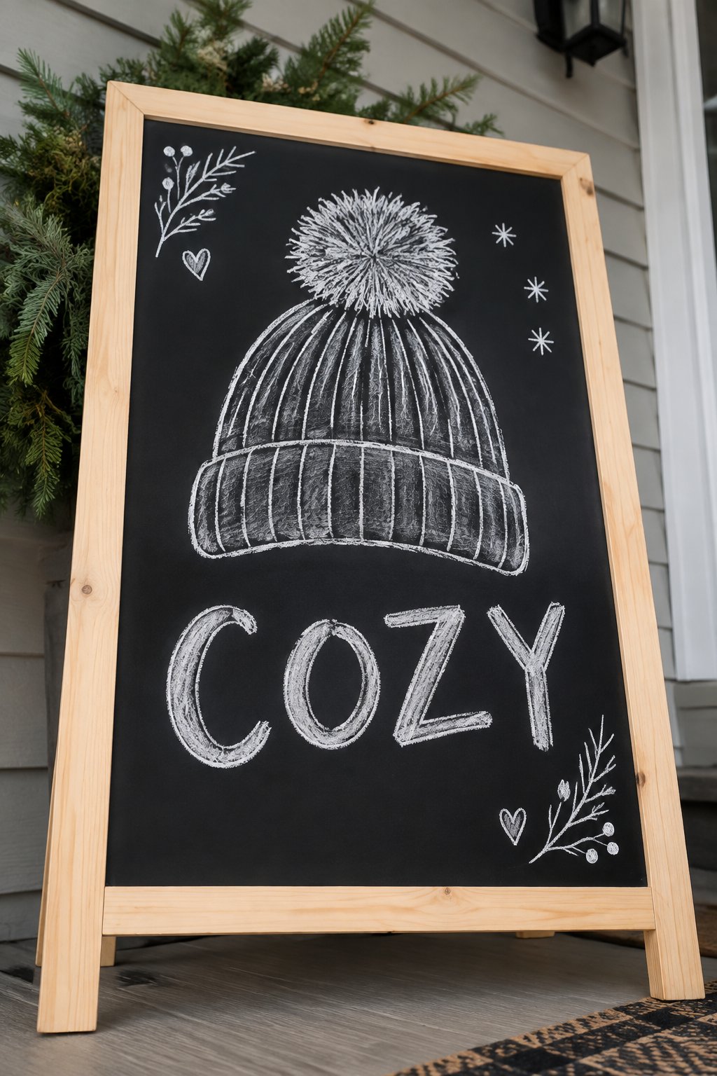 Cozy Knit Hat: a hand-drawn winter chalkboard sign reading "COZY".