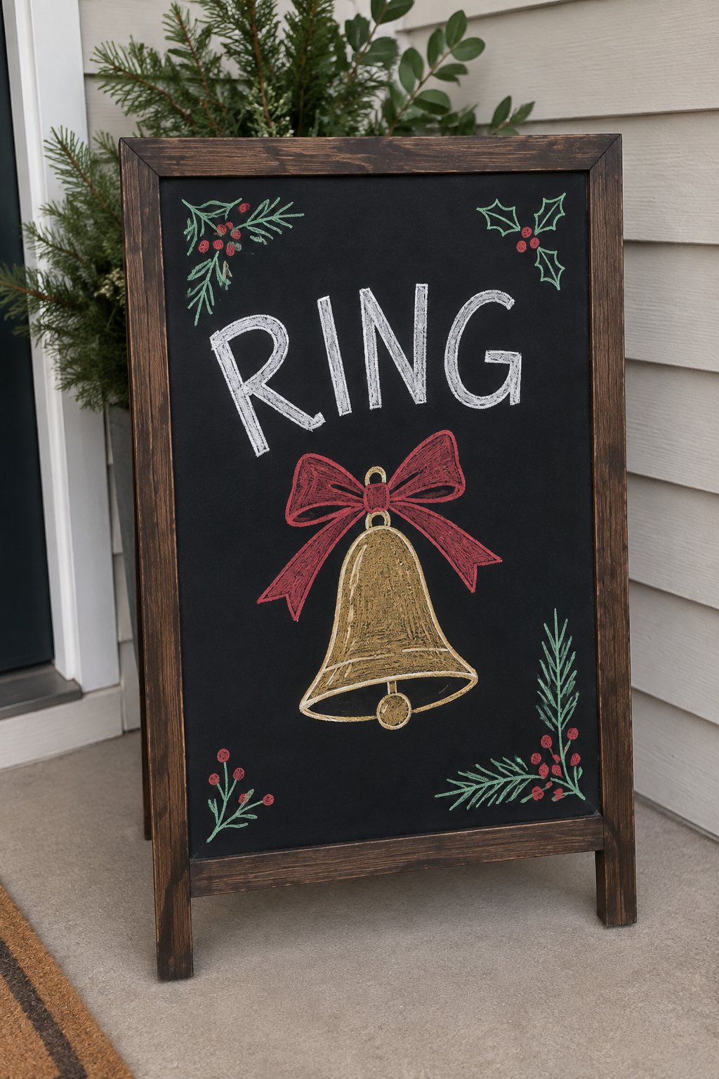 Ring the Bell: a hand-drawn christmas chalkboard sign reading "RING".