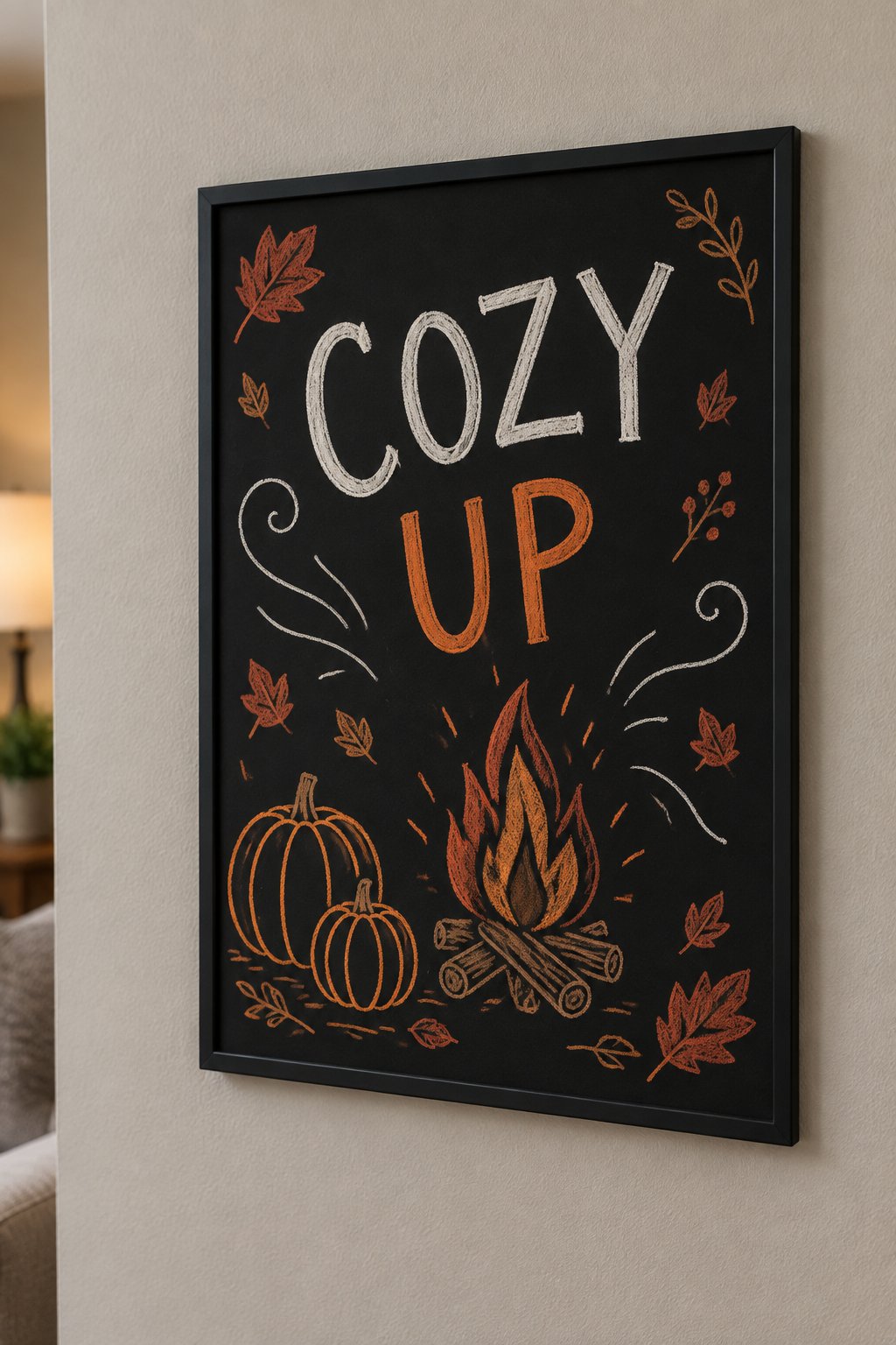 Pumpkins and a Bonfire: Cozy up your space with this adorable fall chalkboard design! Featuring two pumpkins, a crackling bonfire, swirling lines, and scattered autumn leaves, it's the perfect way to capture that warm, autumn vibe.