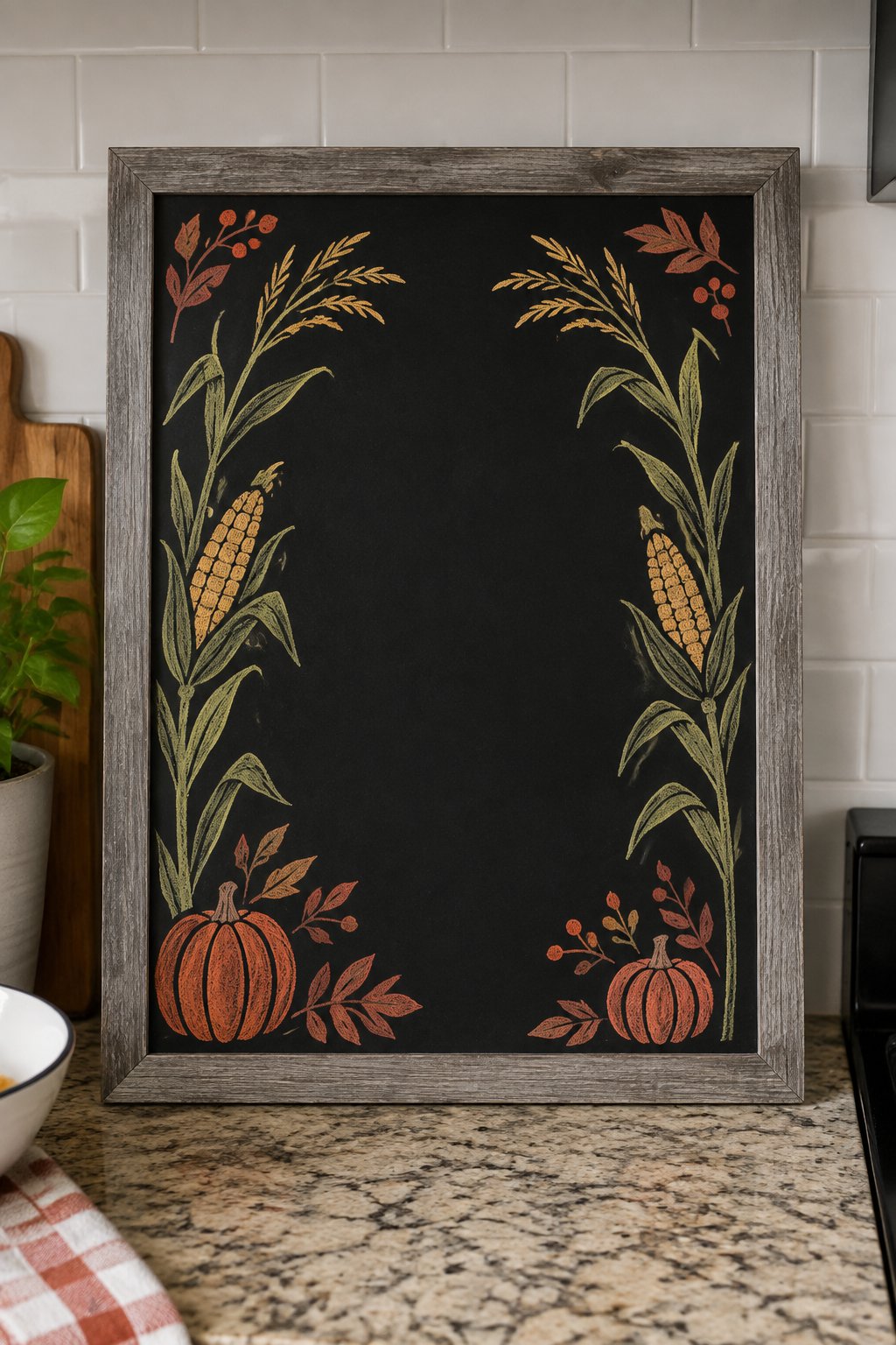 Corn Stalk Borders: This charming fall chalkboard art features two tall corn stalks curving inward to frame a blank center — perfect for writing your own autumn message! With detailed leaves and ears of corn, it brings a cozy harvest vibe to any spac