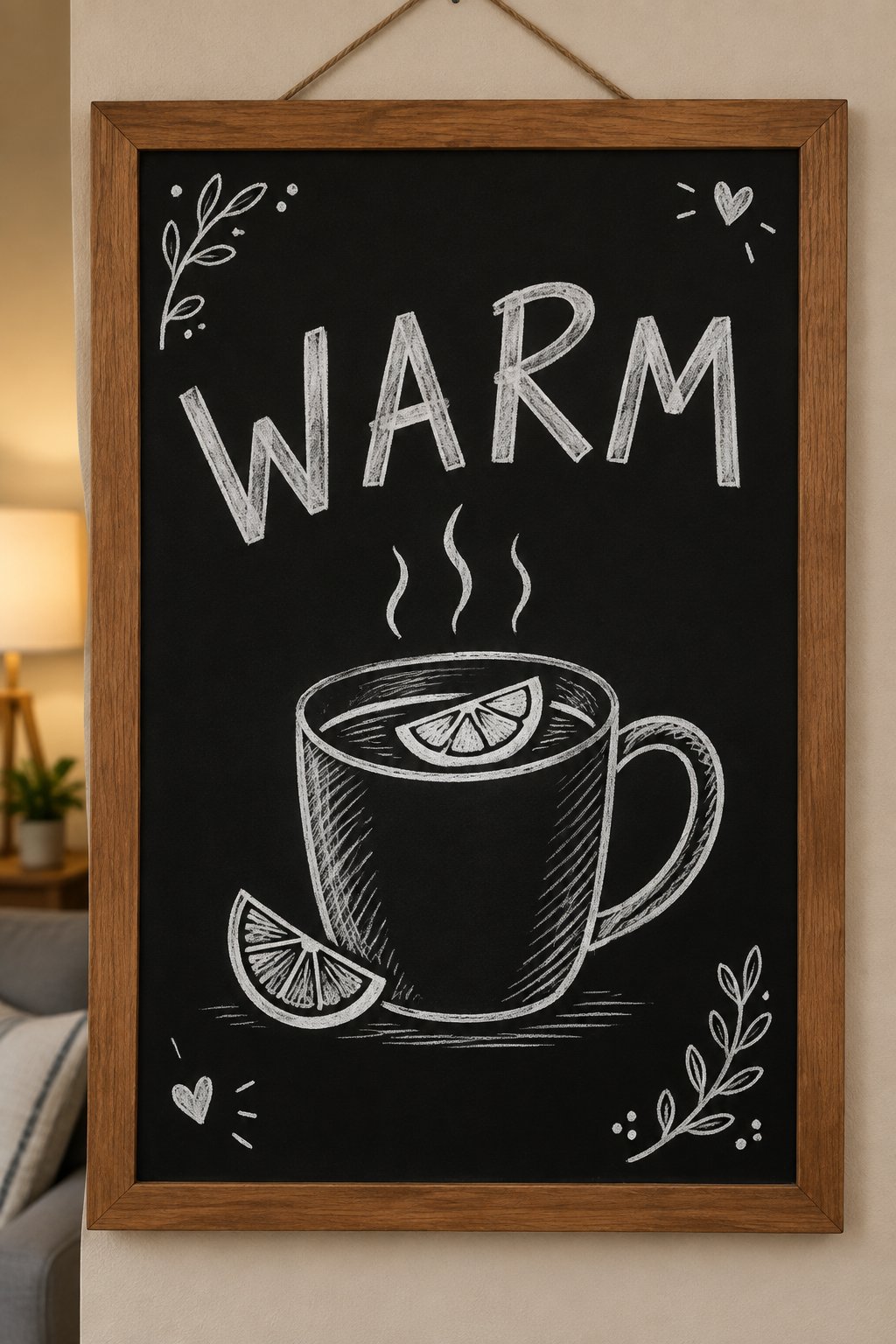 Warm Mug of Tea: a hand-drawn winter chalkboard sign reading "WARM".