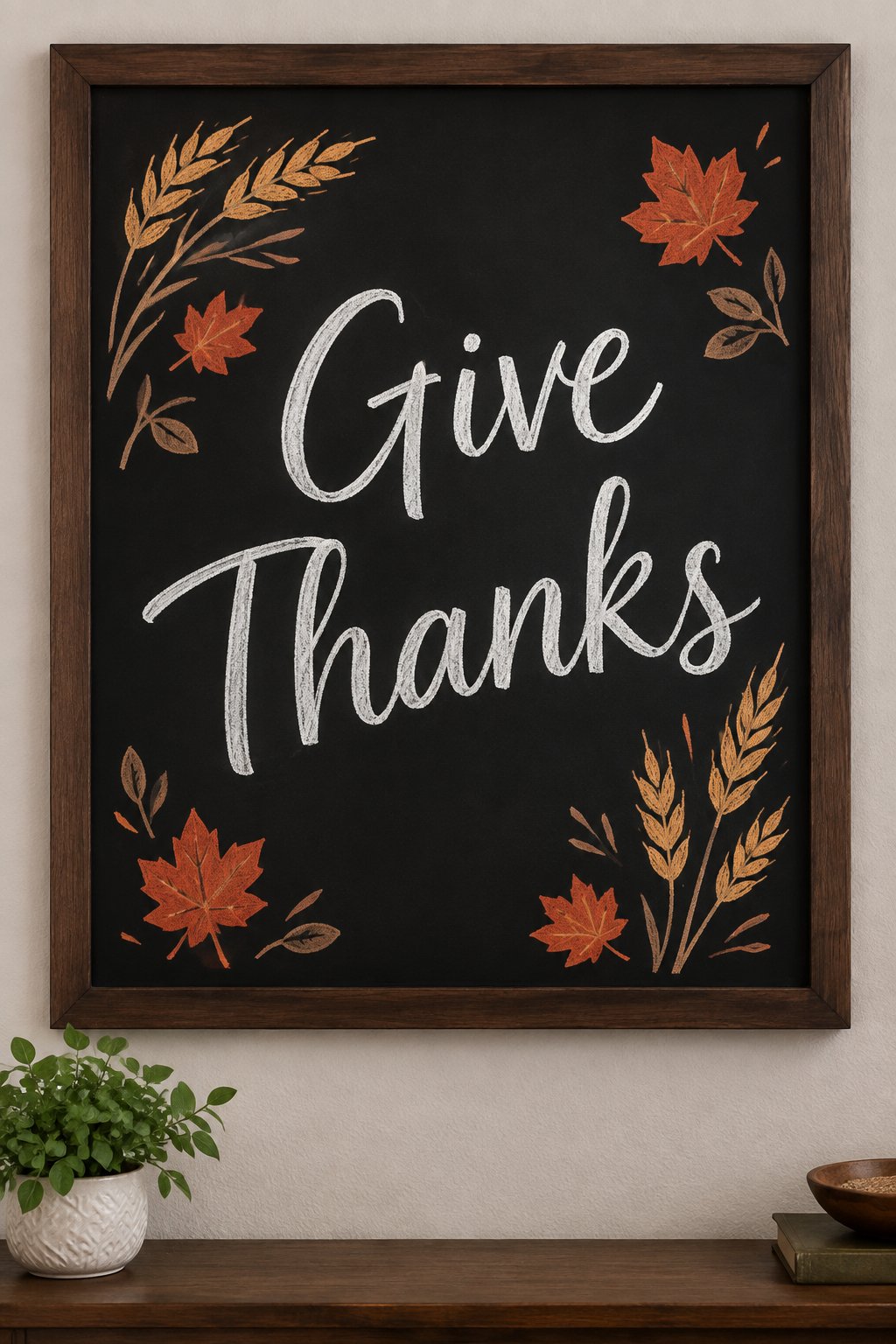 Give Thanks: Celebrate the season of gratitude with a lovely “Give Thanks” chalkboard sign, featuring elegant white script surrounded by wheat stalks and autumn leaves.
