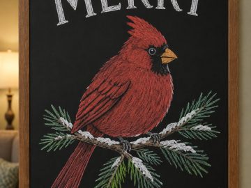 A hand-drawn christmas chalkboard sign reading "MERRY".