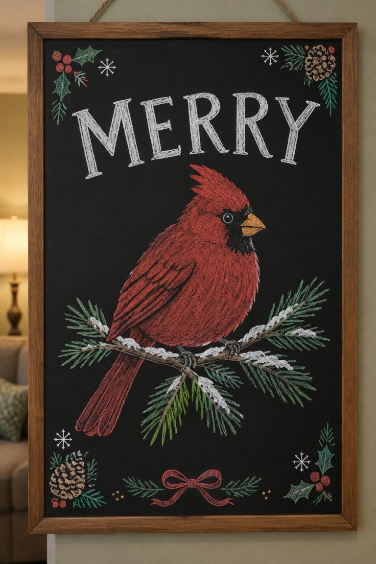A hand-drawn christmas chalkboard sign reading "MERRY".