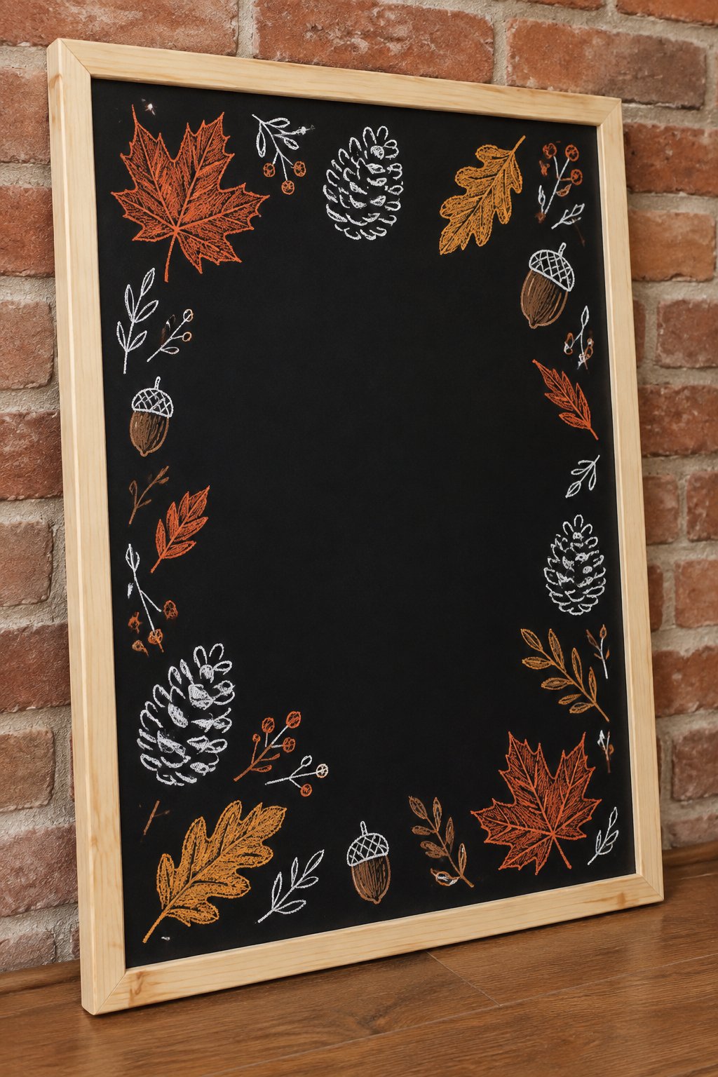 Leaves, Acorns, and Pine Cones: Bring cozy autumn vibes to your space with a chalkboard design showcasing beautifully arranged drawings of leaves, pine cones, and acorns in warm orange and crisp white.