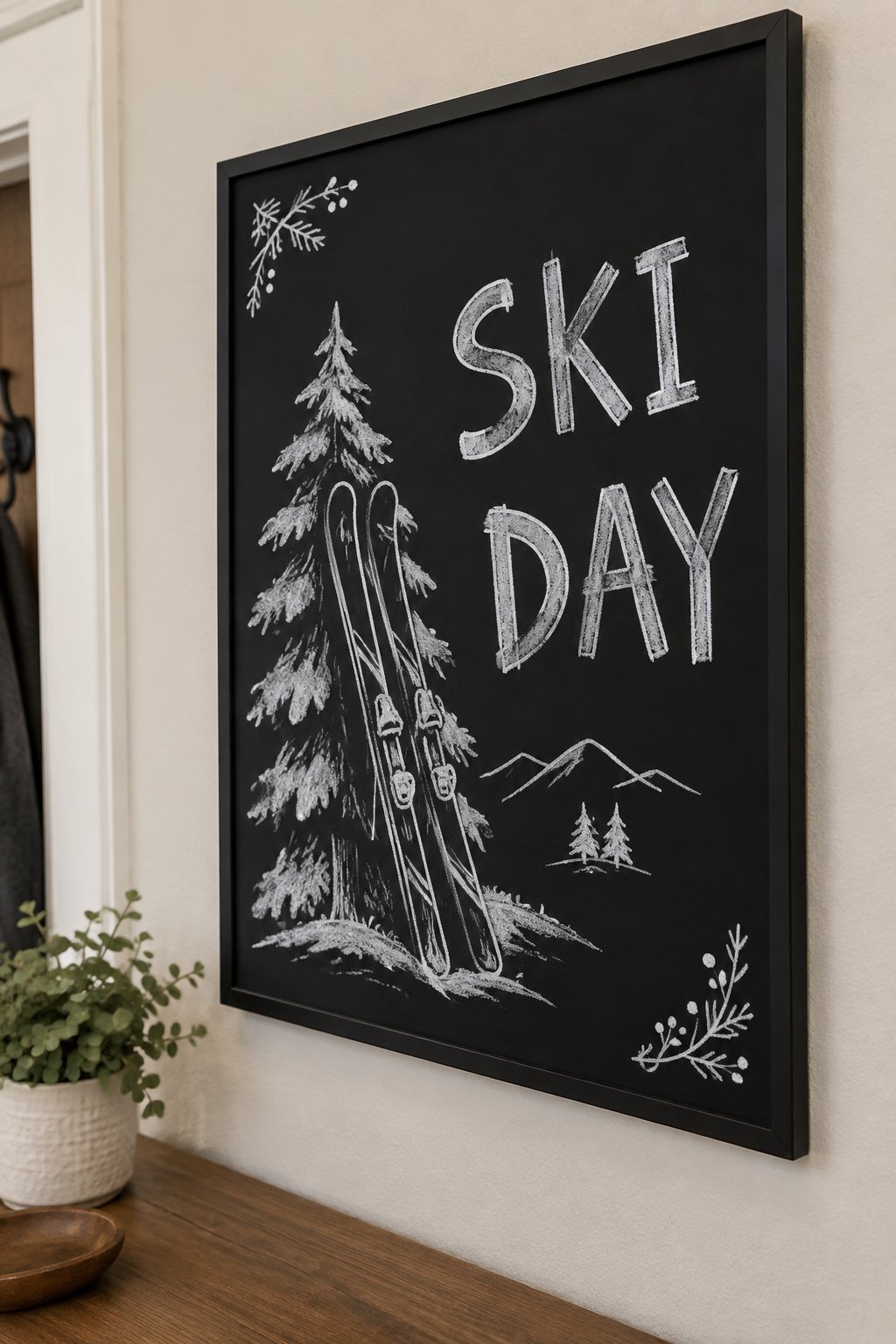 Ski Day: a hand-drawn winter chalkboard sign reading "SKI DAY".