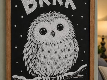A hand-drawn winter chalkboard sign reading "BRRR".
