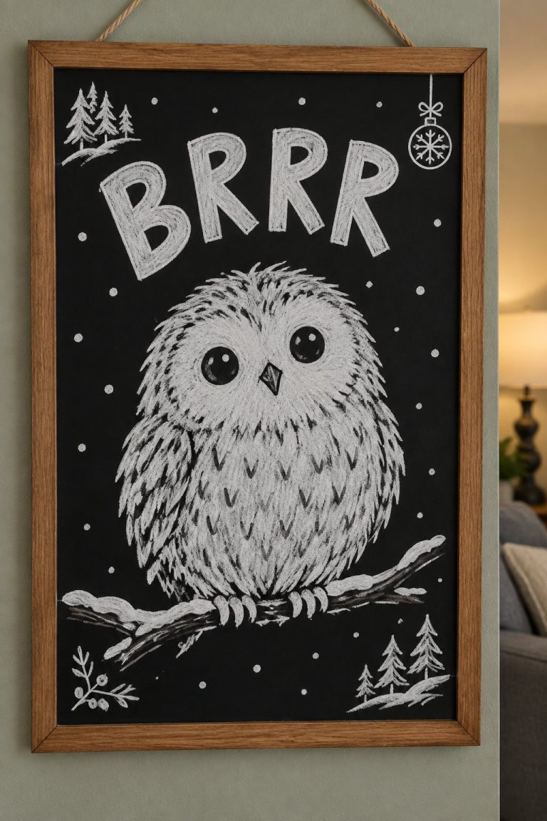 A hand-drawn winter chalkboard sign reading "BRRR".