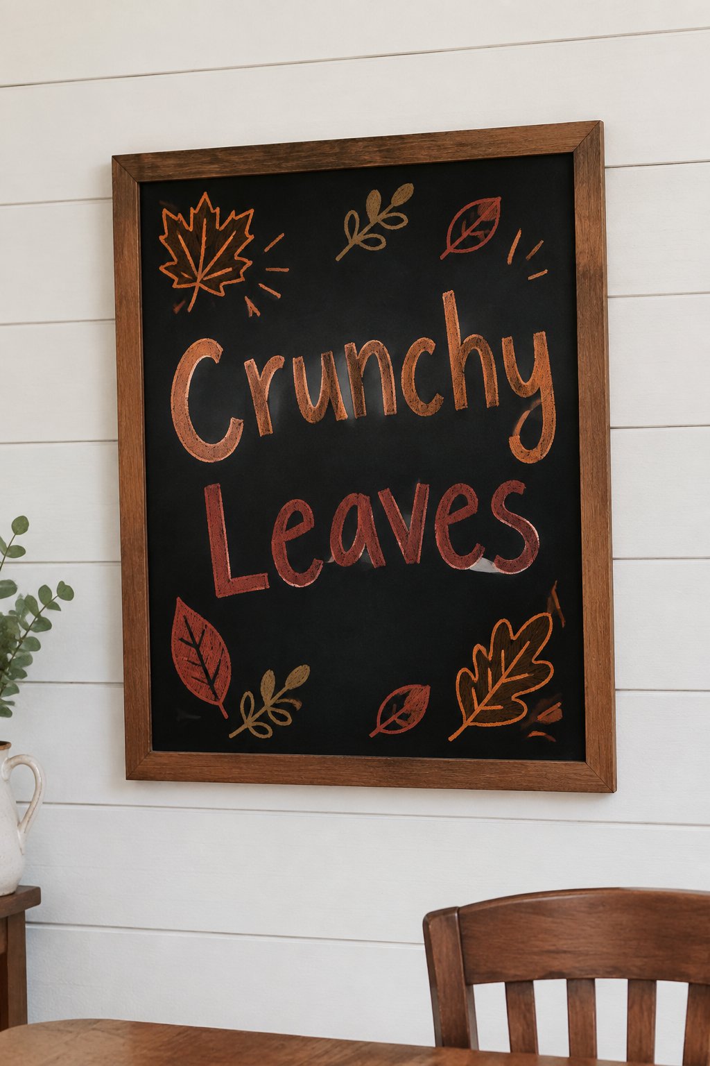 Crunchy Leaves: Celebrate the magic of fall with a chalkboard that proudly says “Crunchy Leaves” in playful hand-drawn letters, surrounded by charming leaf doodles.
