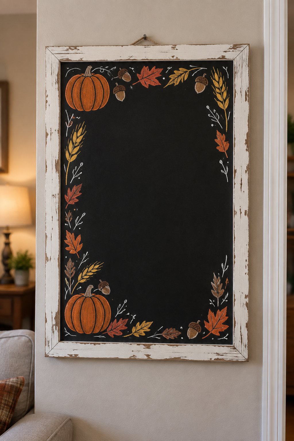 Autumn Harvest: This charming fall chalkboard design features pumpkins, acorns, wheat, and colorful autumn leaves beautifully framing the edges. With the center left blank, it’s perfect for adding your own seasonal message or quote!
