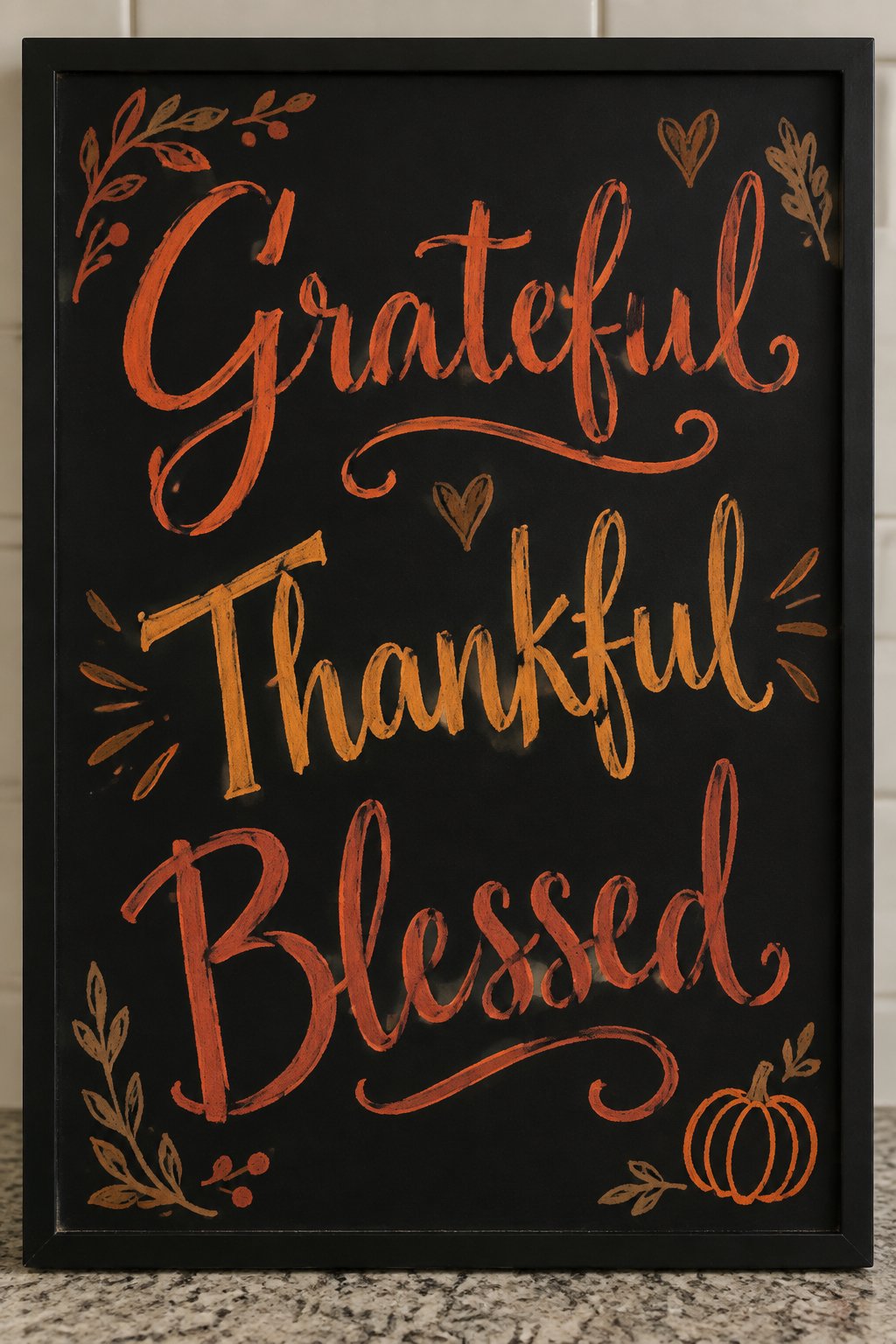 Grateful, Thankful, Blessed in Calligraphy: You can make your chalkboard pop with swirling calligraphy that says “Grateful,” “Thankful,” and “Blessed.”