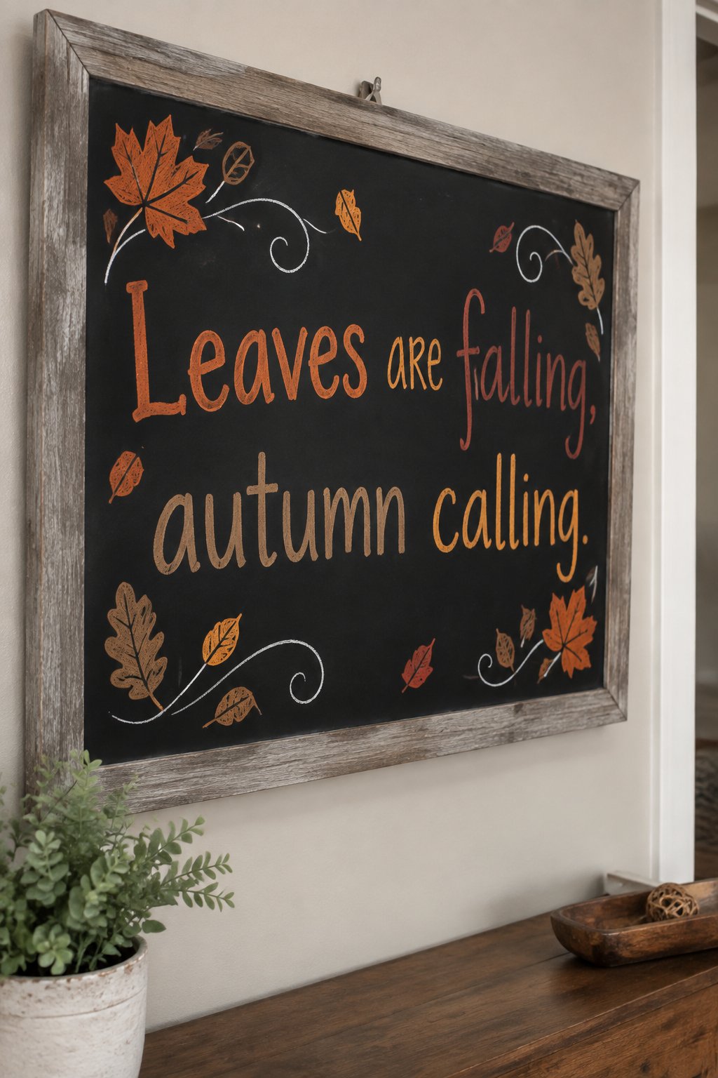 Leaves Are Falling, Autumn Calling: You can draw swirling leaves across your chalkboard, paired with the sweet phrase "Leaves are falling, autumn calling."