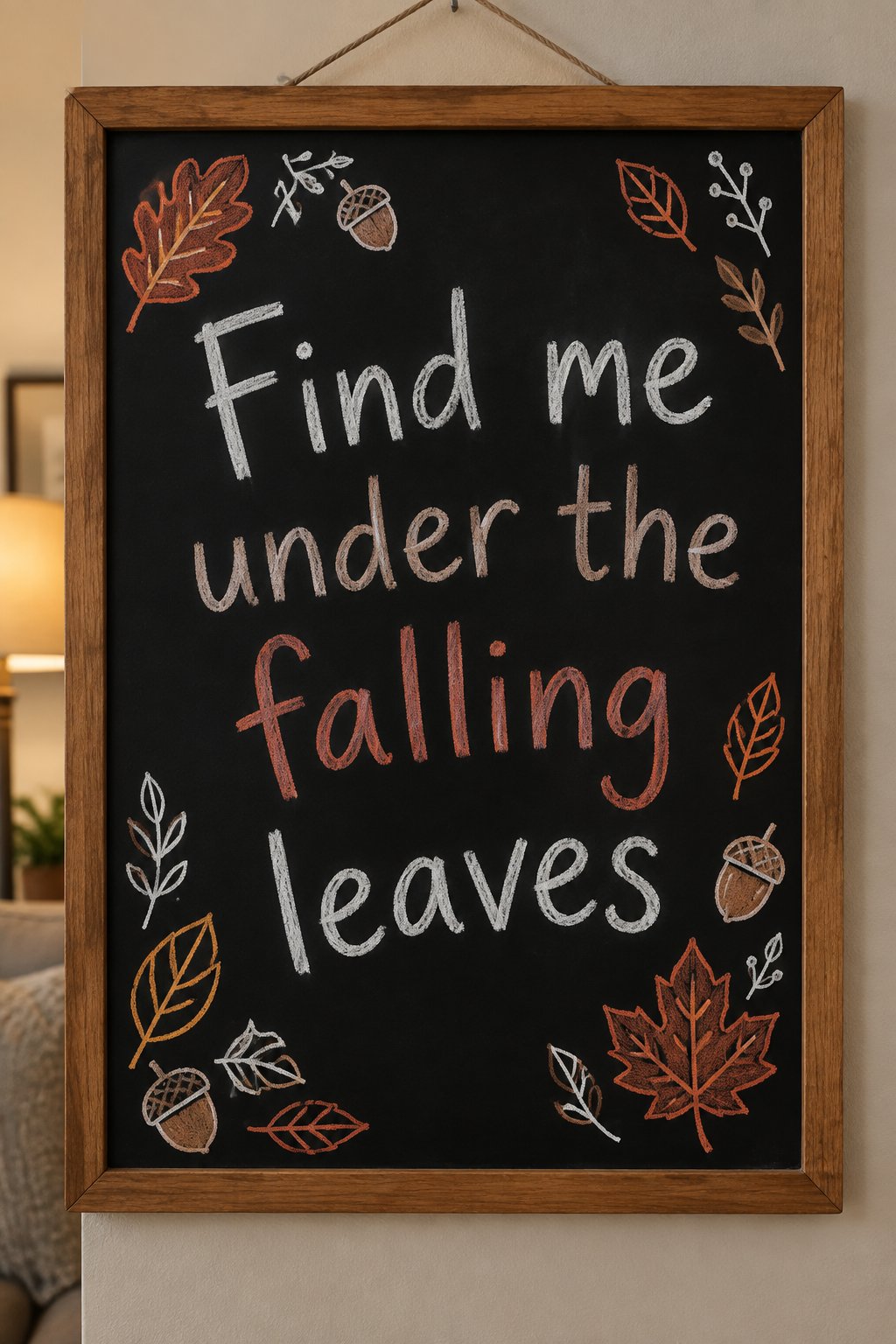 Find Me Under the Falling Leaves: This charming chalkboard sign says "Find me under the falling leaves," surrounded by cozy white and brown chalk drawings of autumn leaves and acorns.
