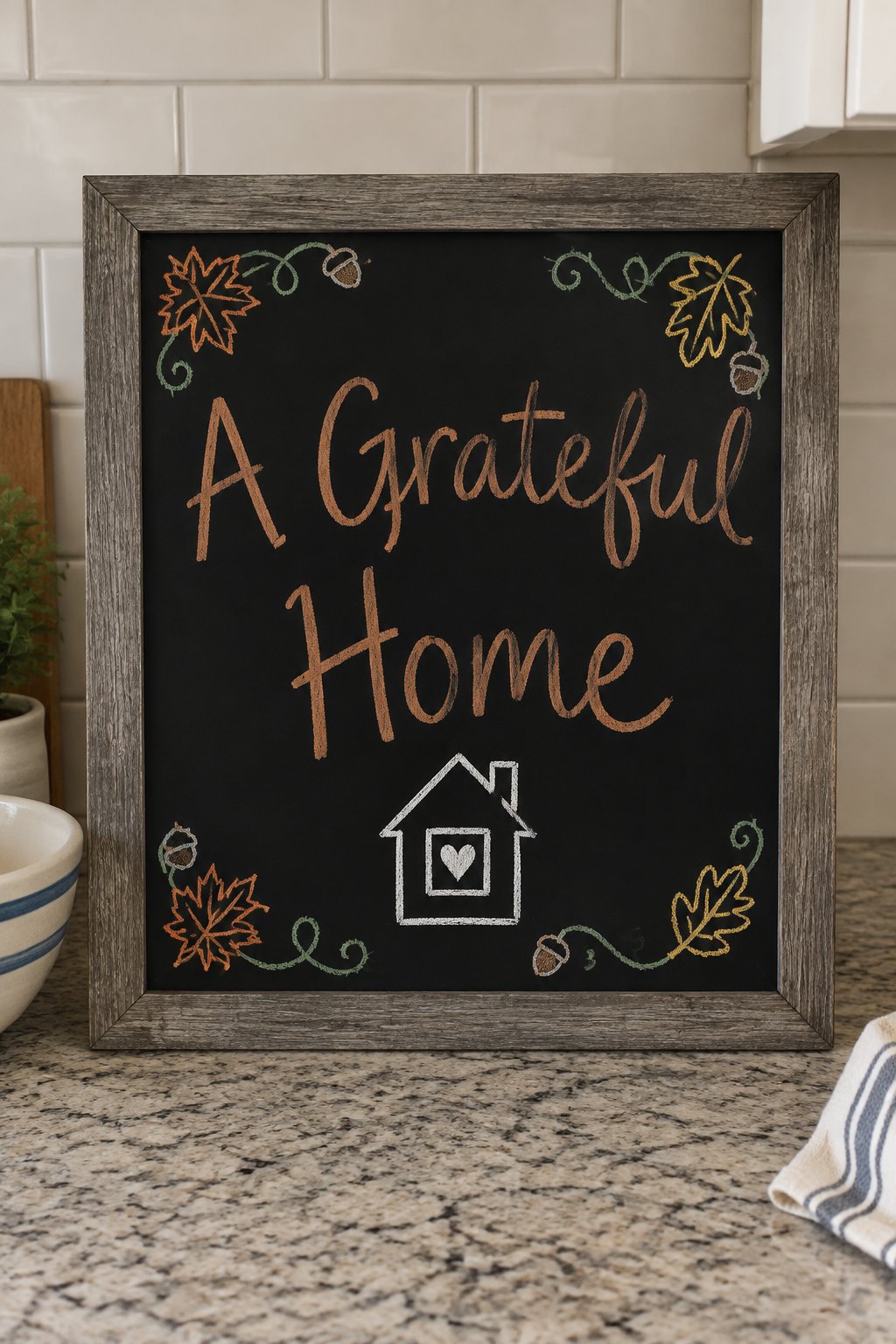 A Grateful Home Board: a framed fall chalkboard sign reading "A Grateful Home", hand-drawn in chalk with a small house shape with one heart drawn in the window.