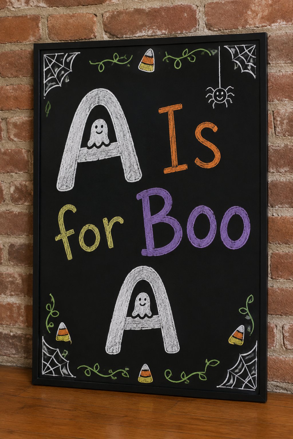 A Is for Boo Board: a framed Halloween chalkboard sign reading "A Is for Boo", hand-drawn in chalk with one large rounded letter A with a tiny smiling ghost sitting inside the loop.