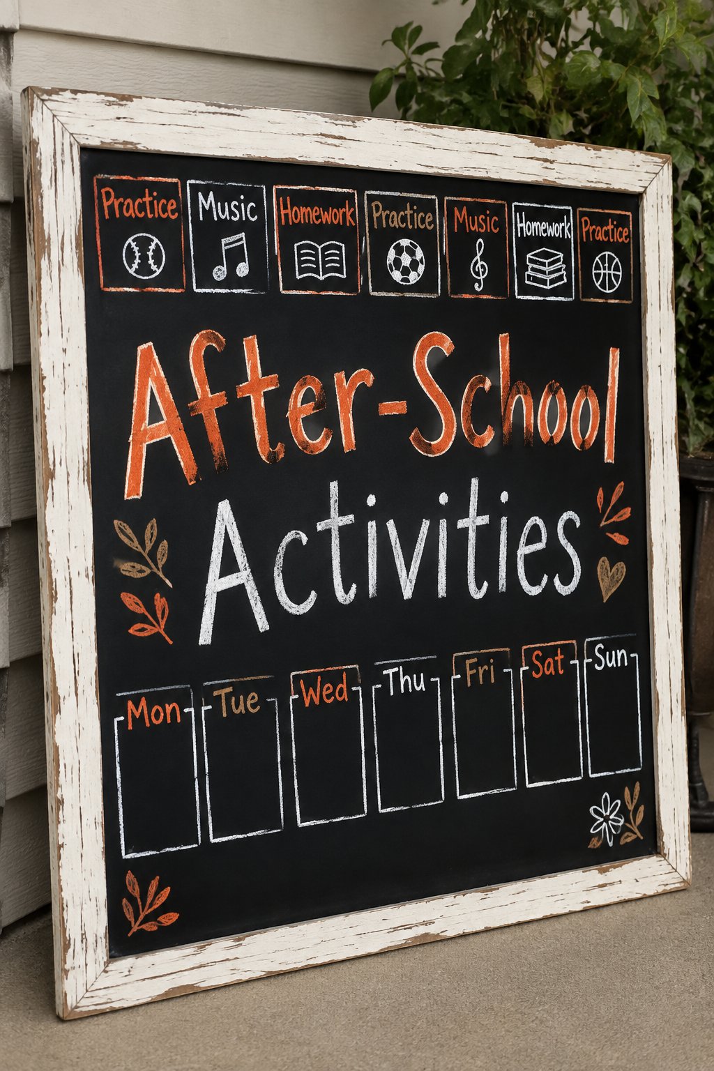 After-School Activity Grid: a framed chalkboard sign showing "After-School Activities", hand-drawn in fall chalk colors, with seven small labeled boxes across the top, each with a tiny doodle for prac