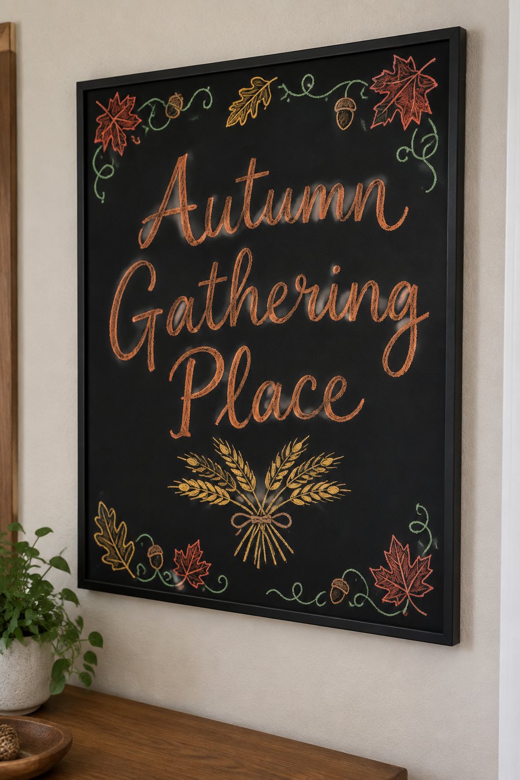 Autumn Gathering Place: a framed fall chalkboard sign reading "Autumn Gathering Place", hand-drawn in chalk with a bundle of wheat stalks tied together with a bit of twine.