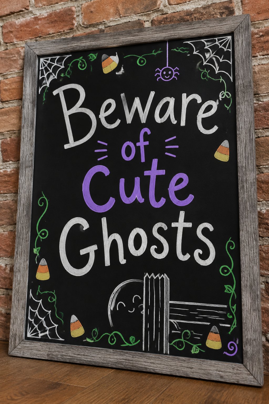 Beware of Cute Ghosts Sign: a framed Halloween chalkboard sign reading "Beware of Cute Ghosts", hand-drawn in chalk with one round ghost peeking out from behind a fence post, only its eyes and smile s