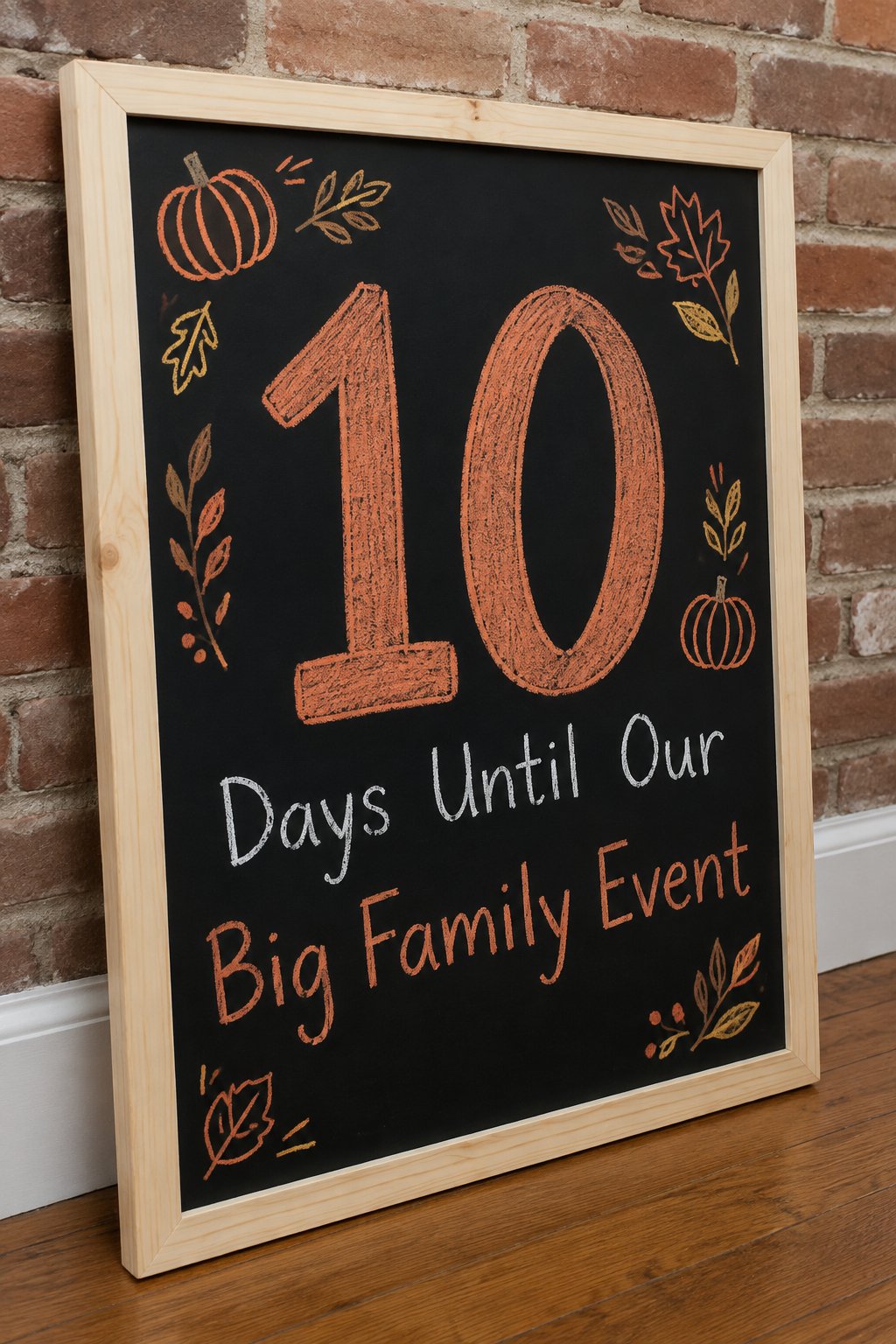 Big Family Event Countdown: a framed chalkboard sign showing "10", hand-drawn in fall chalk colors, with Days Until Our Big Family Event.