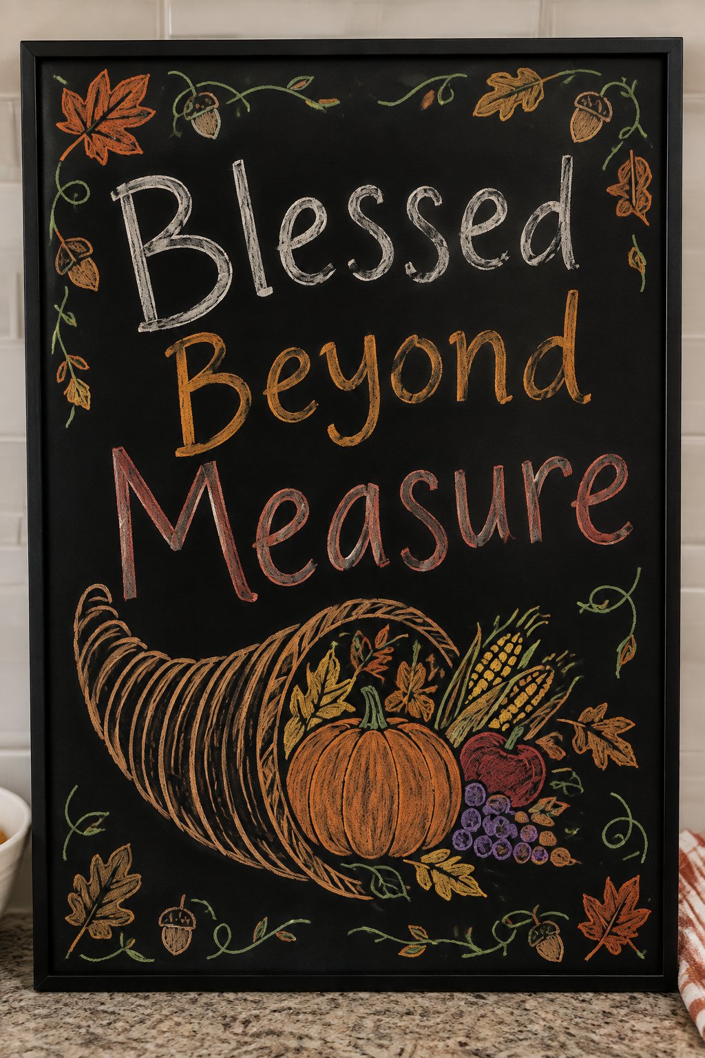 Blessed Beyond Measure: a framed chalkboard sign showing "Blessed Beyond Measure", hand-drawn in fall chalk colors, with one large harvest cornucopia drawn beneath the words, bigger than the lettering