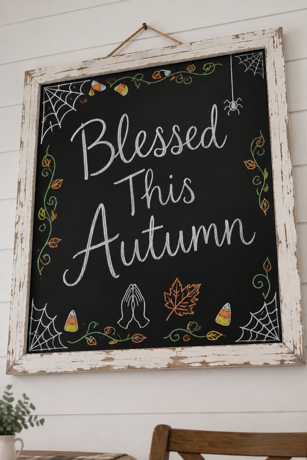 Blessed This Autumn Board: a framed Halloween chalkboard sign reading "Blessed This Autumn", hand-drawn in chalk with one small folded-hands sketch drawn plainly beside a single leaf, no facial featur