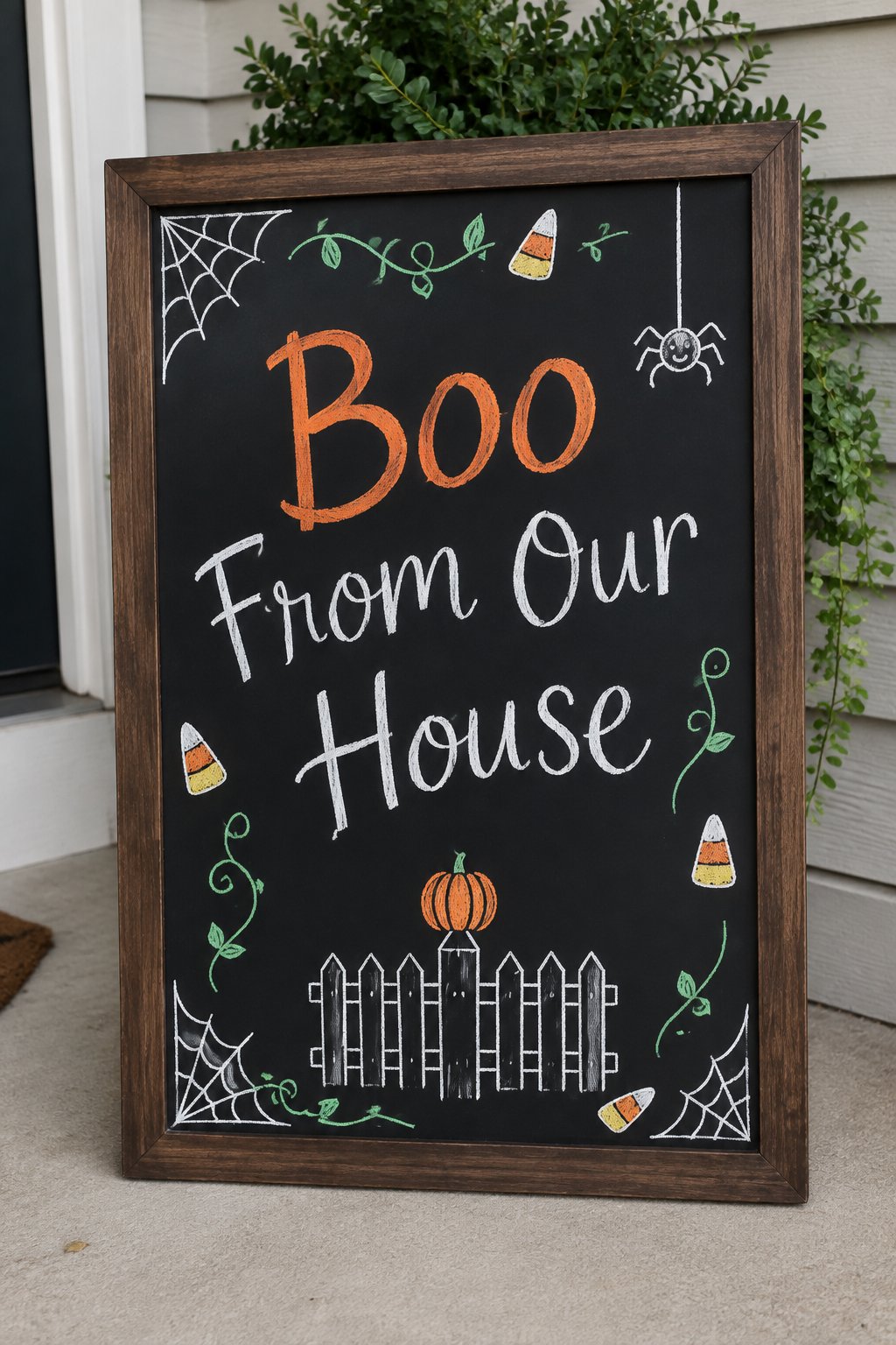 Boo From Our House: a framed Halloween chalkboard sign reading "Boo From Our House", hand-drawn in chalk with a small picket fence with one round pumpkin sitting on top of a post.