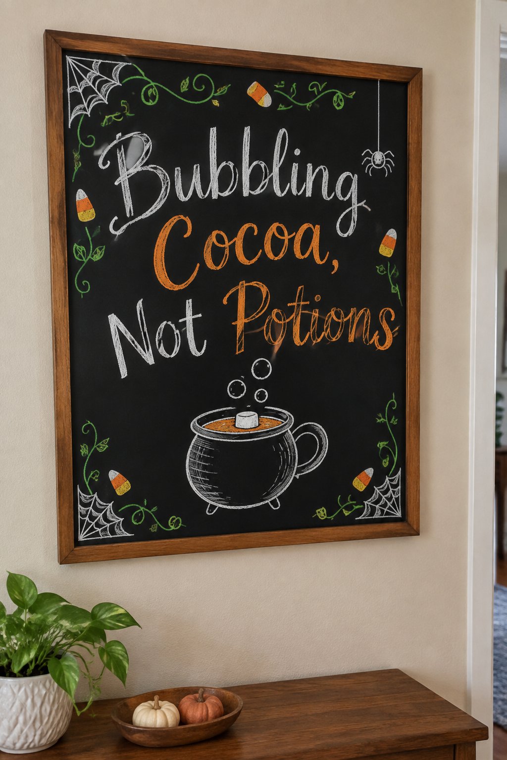 Bubbling Cocoa Not Potions: a framed Halloween chalkboard sign reading "Bubbling Cocoa, Not Potions", hand-drawn in chalk with a round pot with a handle, a few rising bubble dots and one marshmallow f