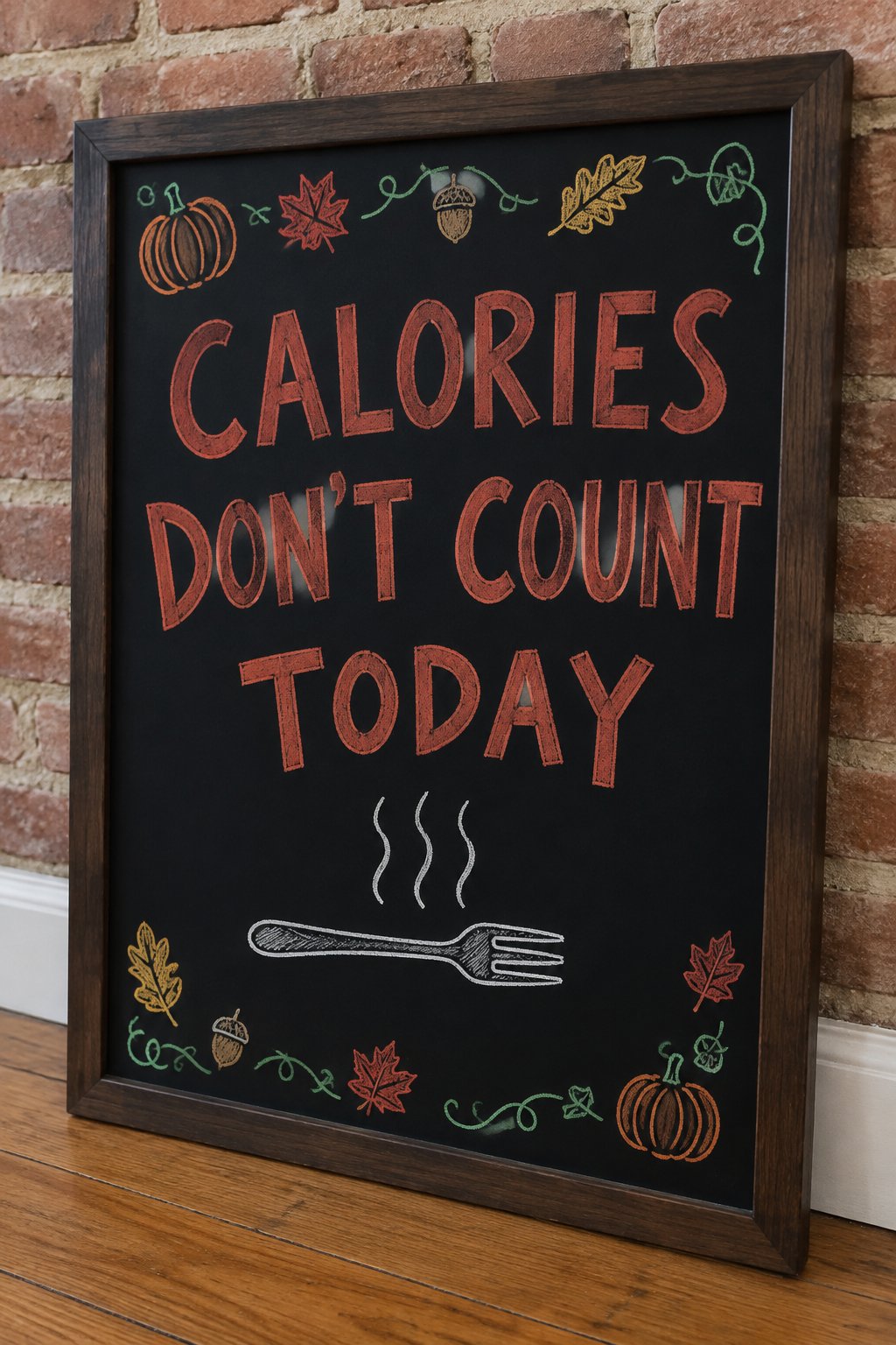Calories Dont Count Today: a framed fall chalkboard sign reading "Calories Don't Count Today", hand-drawn in chalk with a fork with a few curly steam lines rising above it.