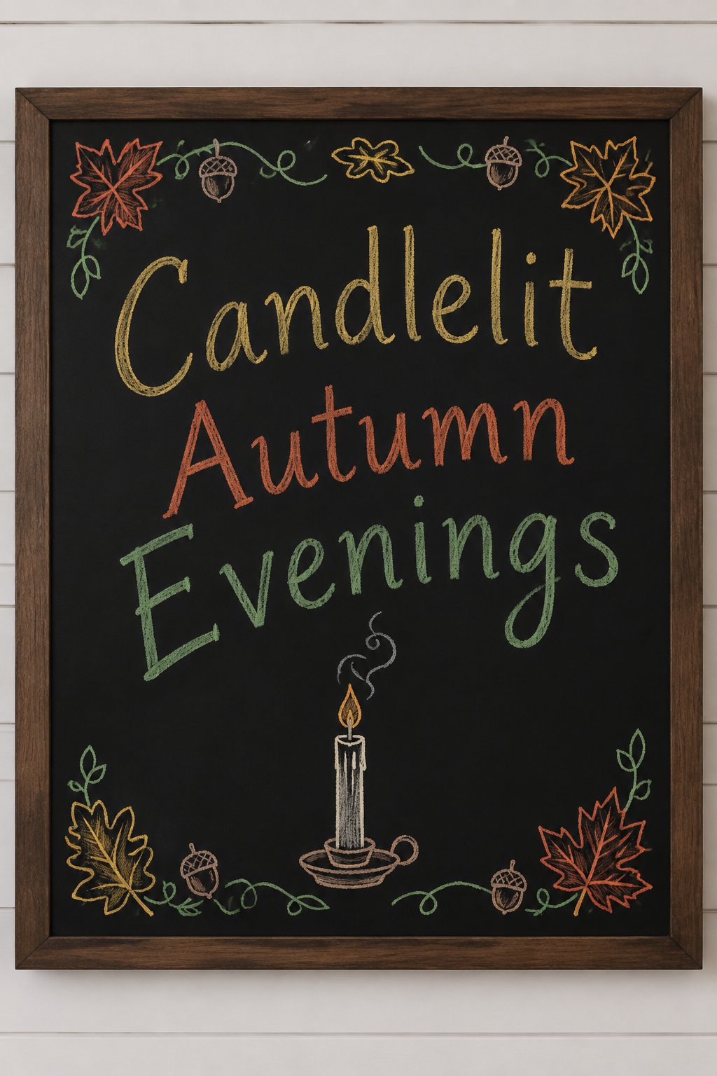 Candlelit Evenings Board: a framed fall chalkboard sign reading "Candlelit Autumn Evenings", hand-drawn in chalk with one lit taper candle in a small round holder with a curl of smoke.