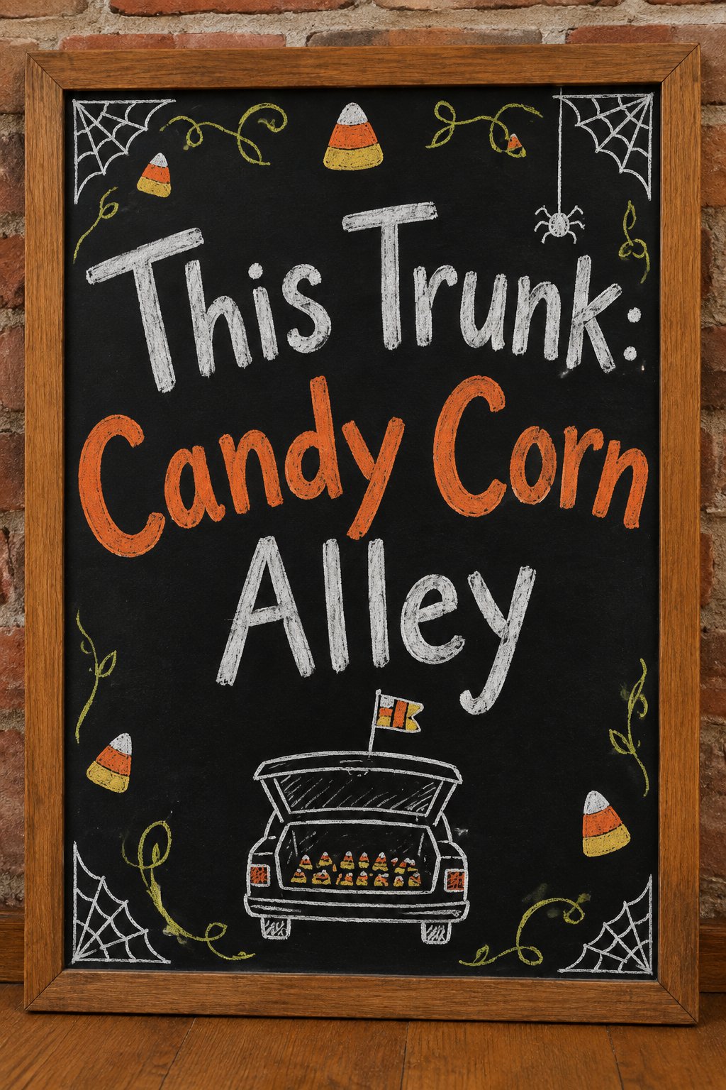 Candy Corn Alley Trunk Sign: a framed Halloween chalkboard sign reading "This Trunk: Candy Corn Alley", hand-drawn in chalk with a small open car trunk with a tiny candy corn flag stuck in the top.