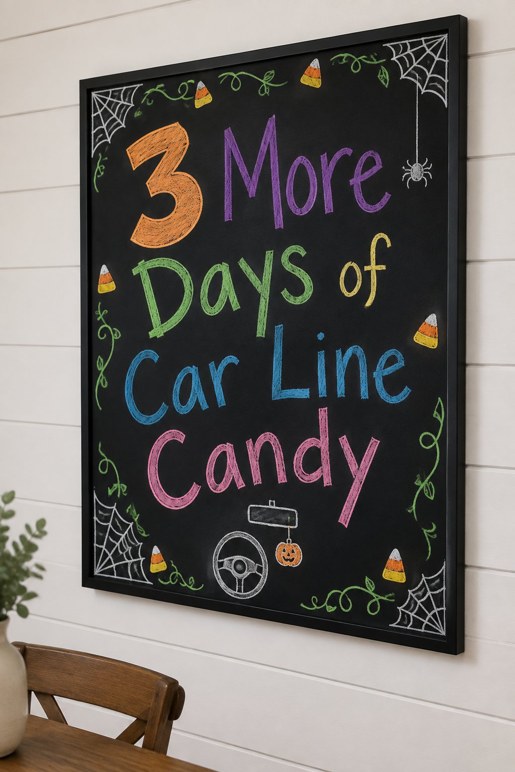 Car Line Candy Countdown: a framed Halloween chalkboard sign reading "3 More Days of Car Line Candy", hand-drawn in chalk with a small steering wheel doodle with one pumpkin hanging from the mirror.