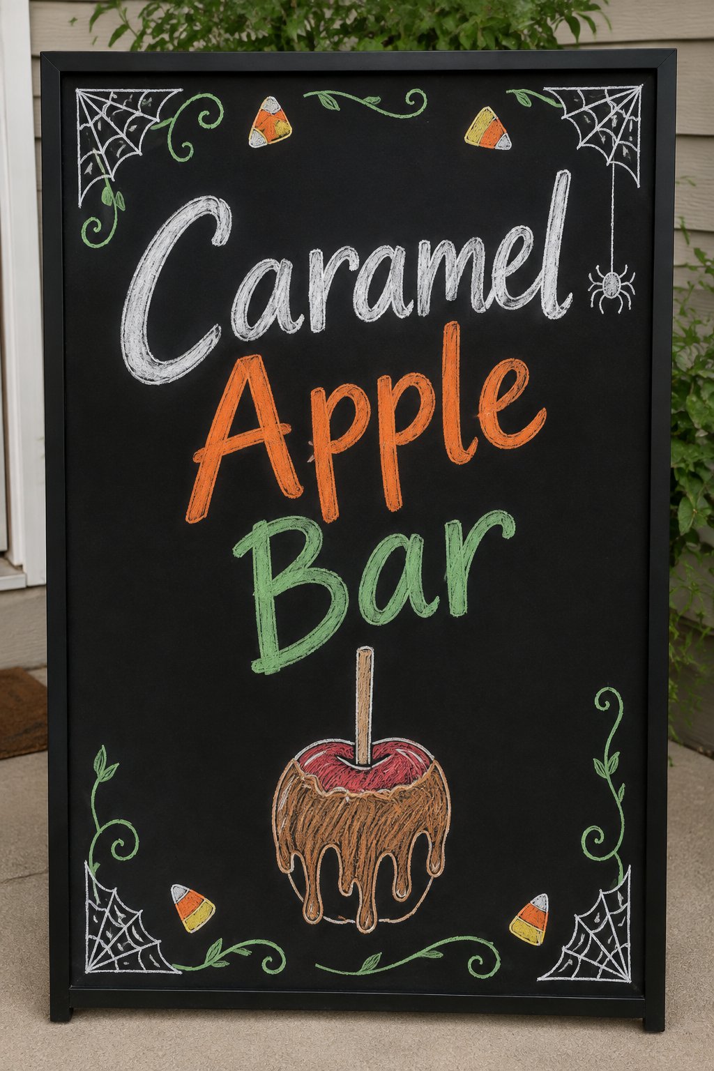 Caramel Apple Bar Sign: a framed Halloween chalkboard sign reading "Caramel Apple Bar", hand-drawn in chalk with one apple on a stick with drips of caramel drawn trailing down its sides.