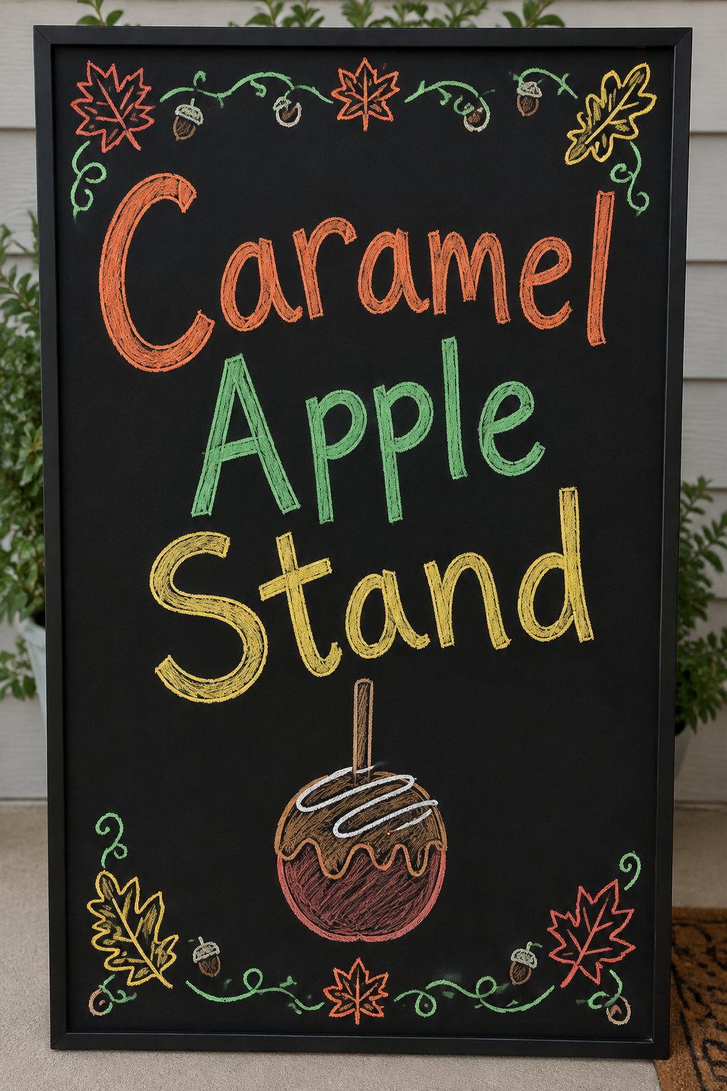 Caramel Apple Stand Sign: a framed fall chalkboard sign reading "Caramel Apple Stand", hand-drawn in chalk with one caramel apple on a stick with a drizzle line across the top.