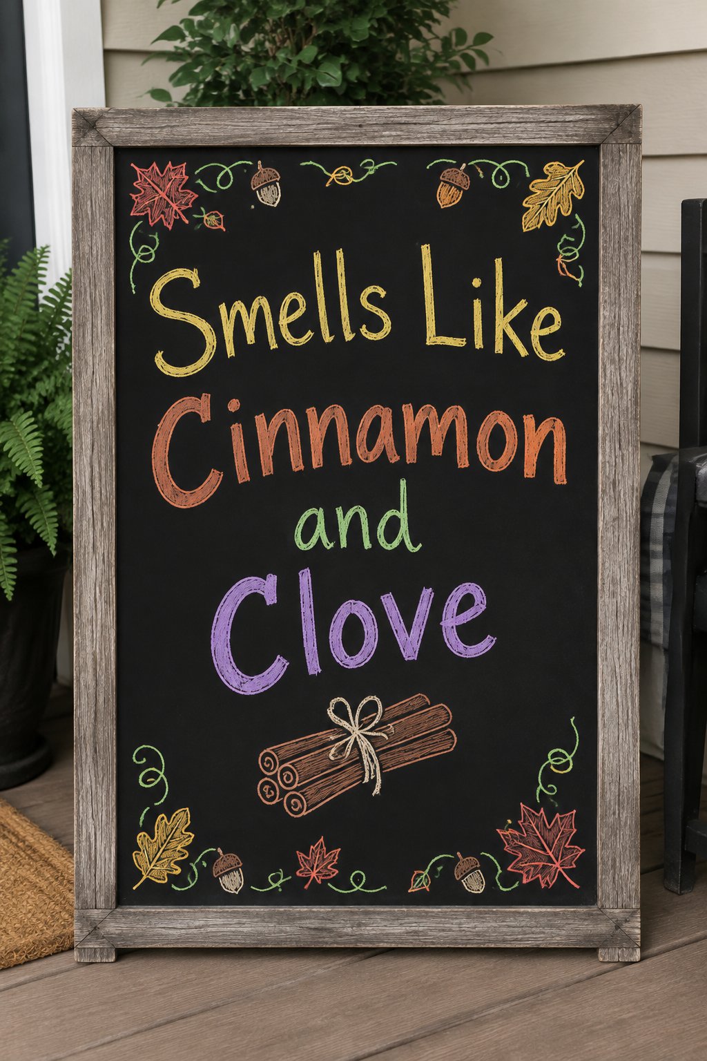Cinnamon and Clove Sign: a framed fall chalkboard sign reading "Smells Like Cinnamon and Clove", hand-drawn in chalk with a small bundle of cinnamon sticks tied together with twine.