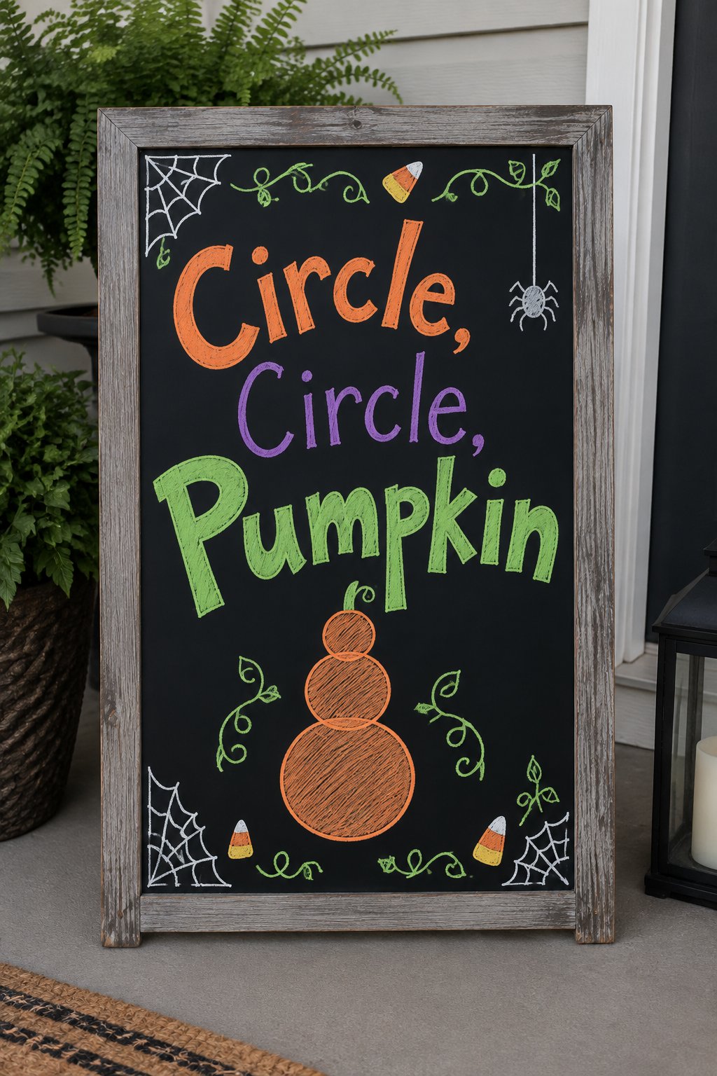 Circle Circle Pumpkin Board: a framed Halloween chalkboard sign reading "Circle, Circle, Pumpkin", hand-drawn in chalk with three circles of different sizes stacked to form one simple pumpkin shape.