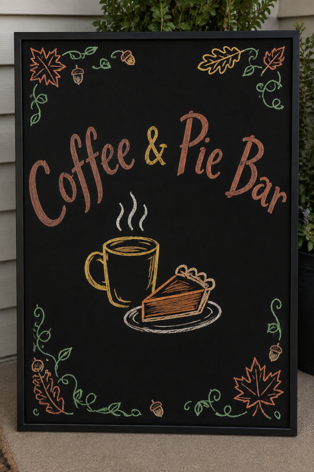 Coffee and Pie Bar Sign: a framed fall chalkboard sign reading "Coffee & Pie Bar", hand-drawn in chalk with a steaming mug beside a small pie slice on a plate.