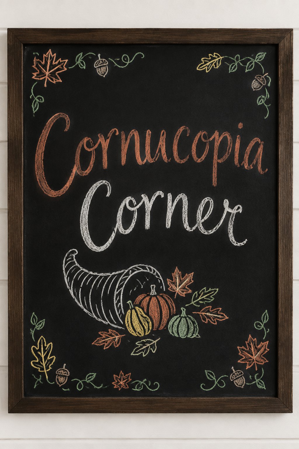 Cornucopia Corner Sign: a framed fall chalkboard sign reading "Cornucopia Corner", hand-drawn in chalk with a curved horn shape spilling a few small gourds and leaves.