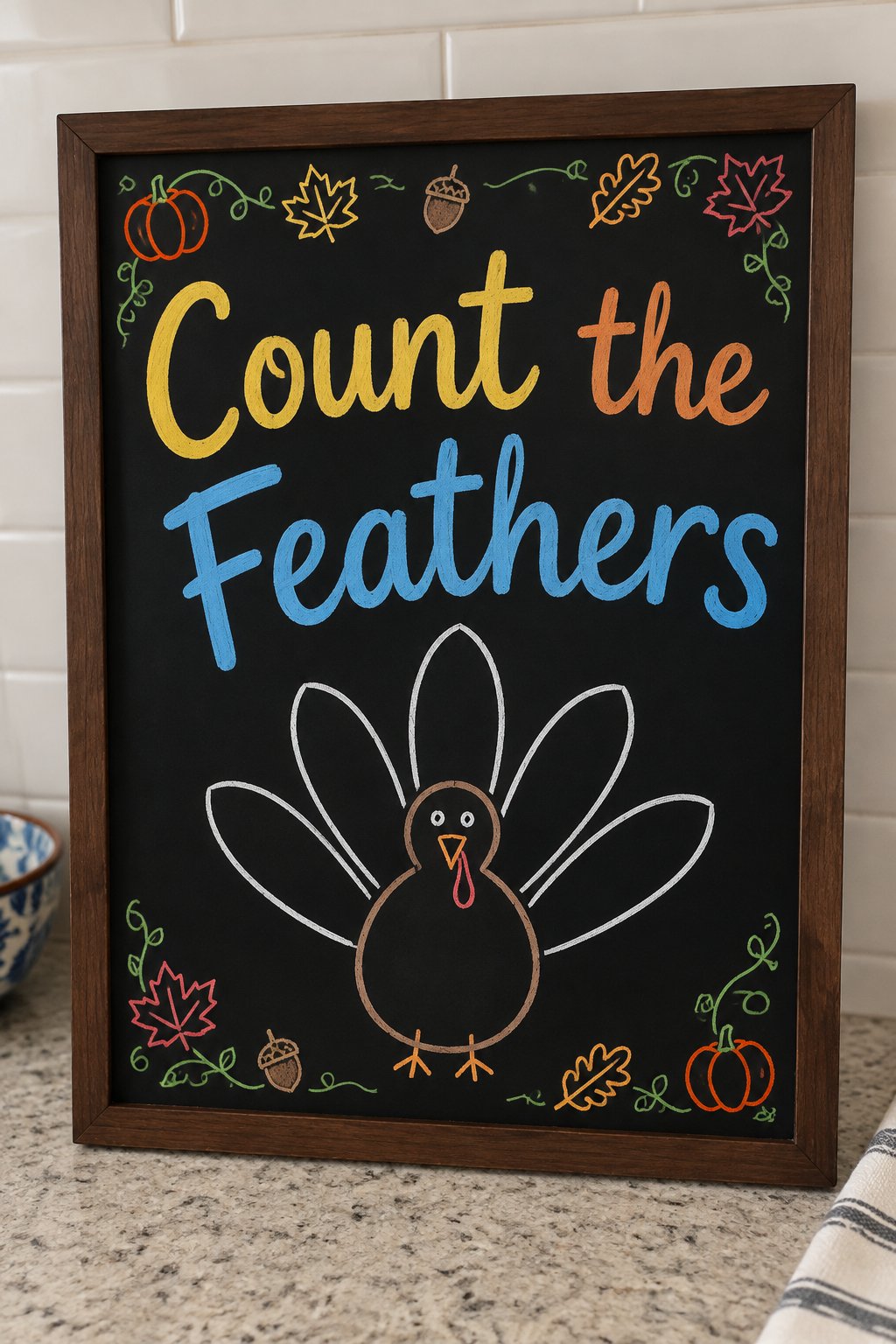 Count the Feathers Game: a framed fall chalkboard sign reading "Count the Feathers", hand-drawn in chalk with a plain turkey body with five blank feather outlines to color in.