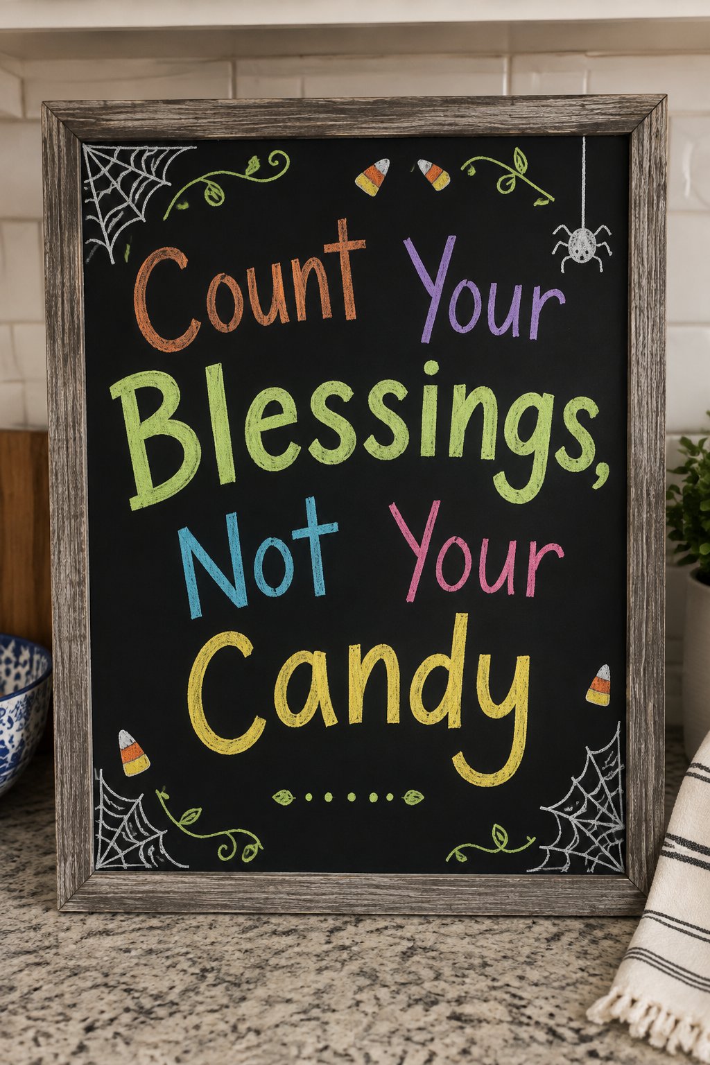 Count Your Blessings Board: a framed Halloween chalkboard sign reading "Count Your Blessings, Not Your Candy", hand-drawn in chalk with a row of five small dots, each one turning into a tiny leaf alon